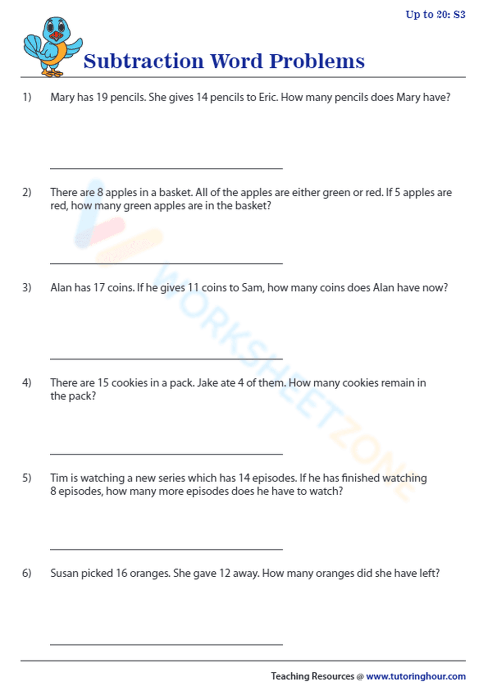 Intensive Subtraction Word Problems Practice - Page 1