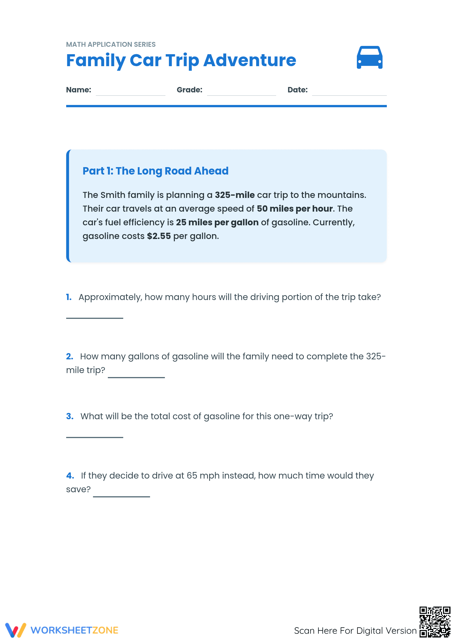 Family Car Trip Adventure Math Worksheet | Printable - Page 1