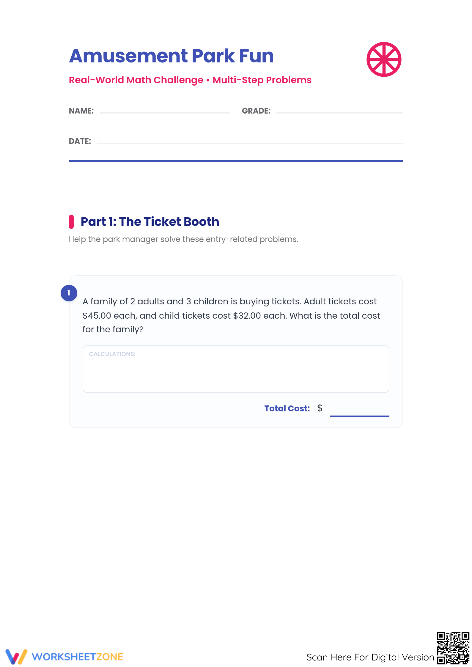 Amusement Park Math Problems: Printable Grade 4-5 Aligned - Page 1
