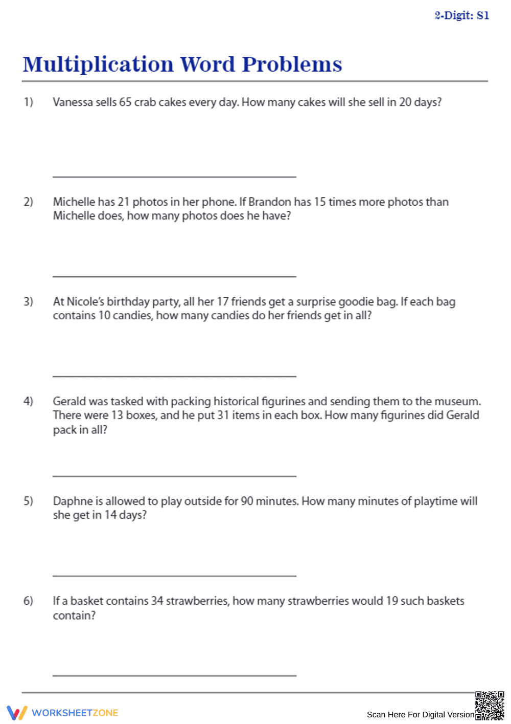 Solve Multiplication Word Problems: Worksheet 1 - Page 1