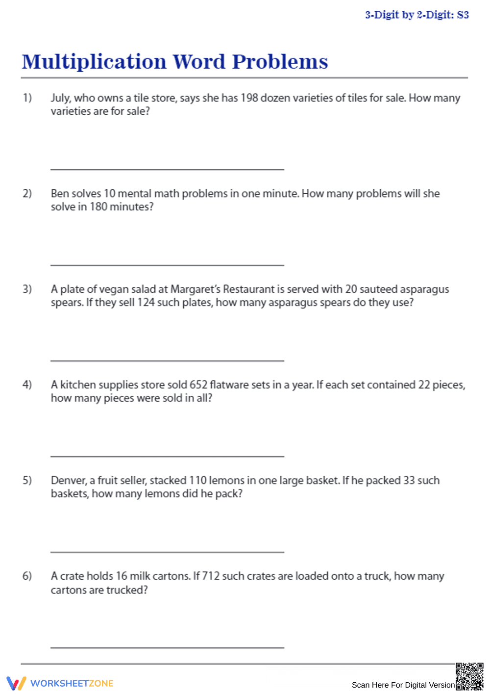 Multiplication Word Problems Practice Worksheet - Page 1