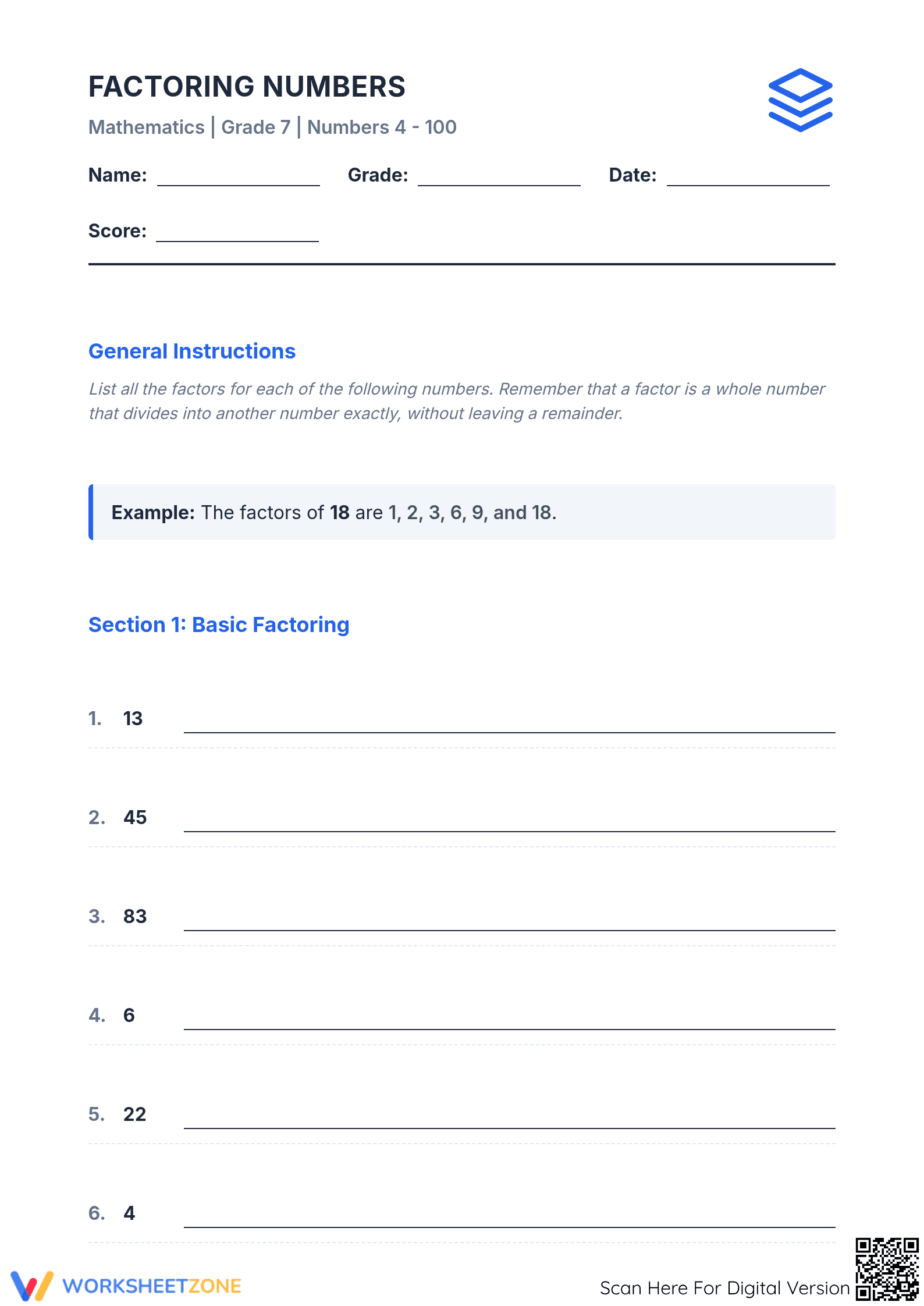 Essential Grade 7 Factoring Numbers 4-100 Worksheet - Page 1