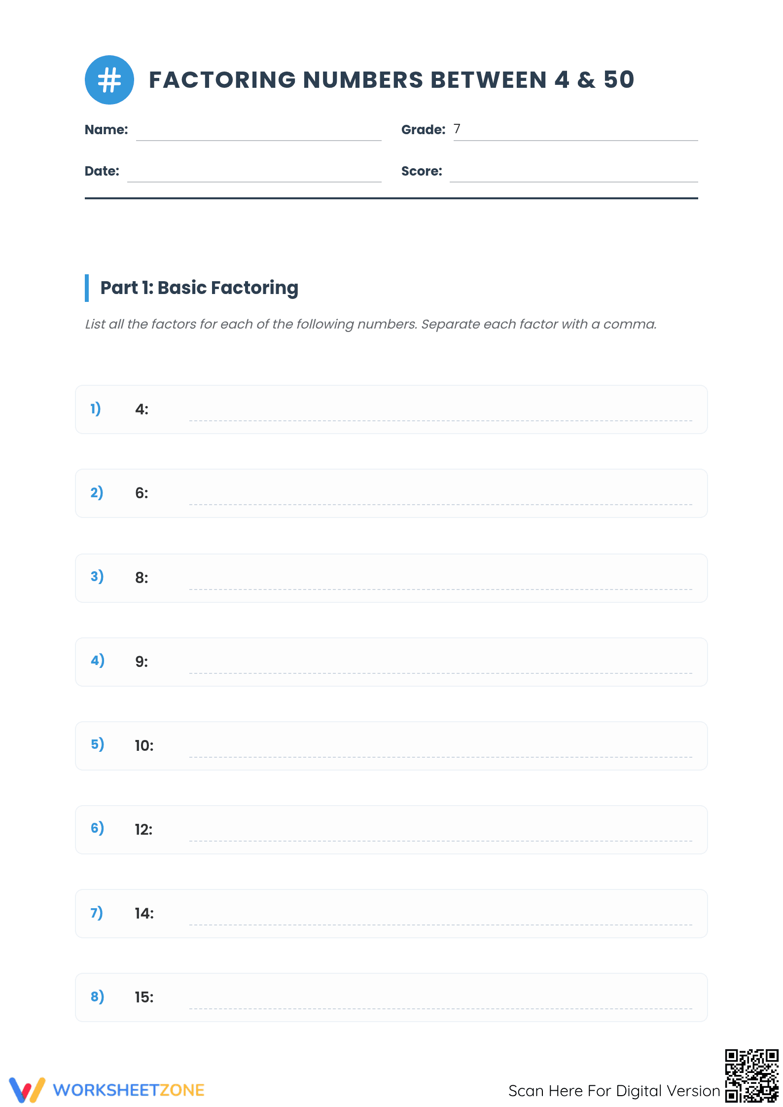 Printable Factoring Numbers (4-50) Worksheet | Grade 7 Math - Page 1