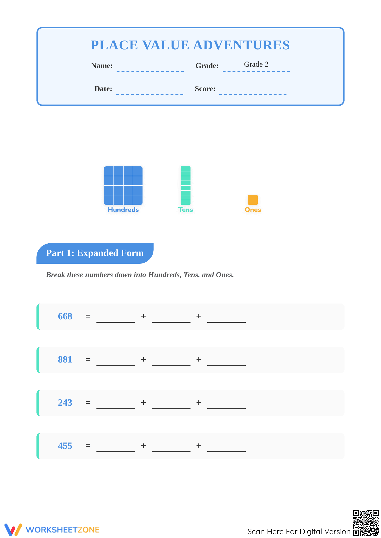 Essential Grade 2 Place Value Adventures Math Worksheet - Page 1