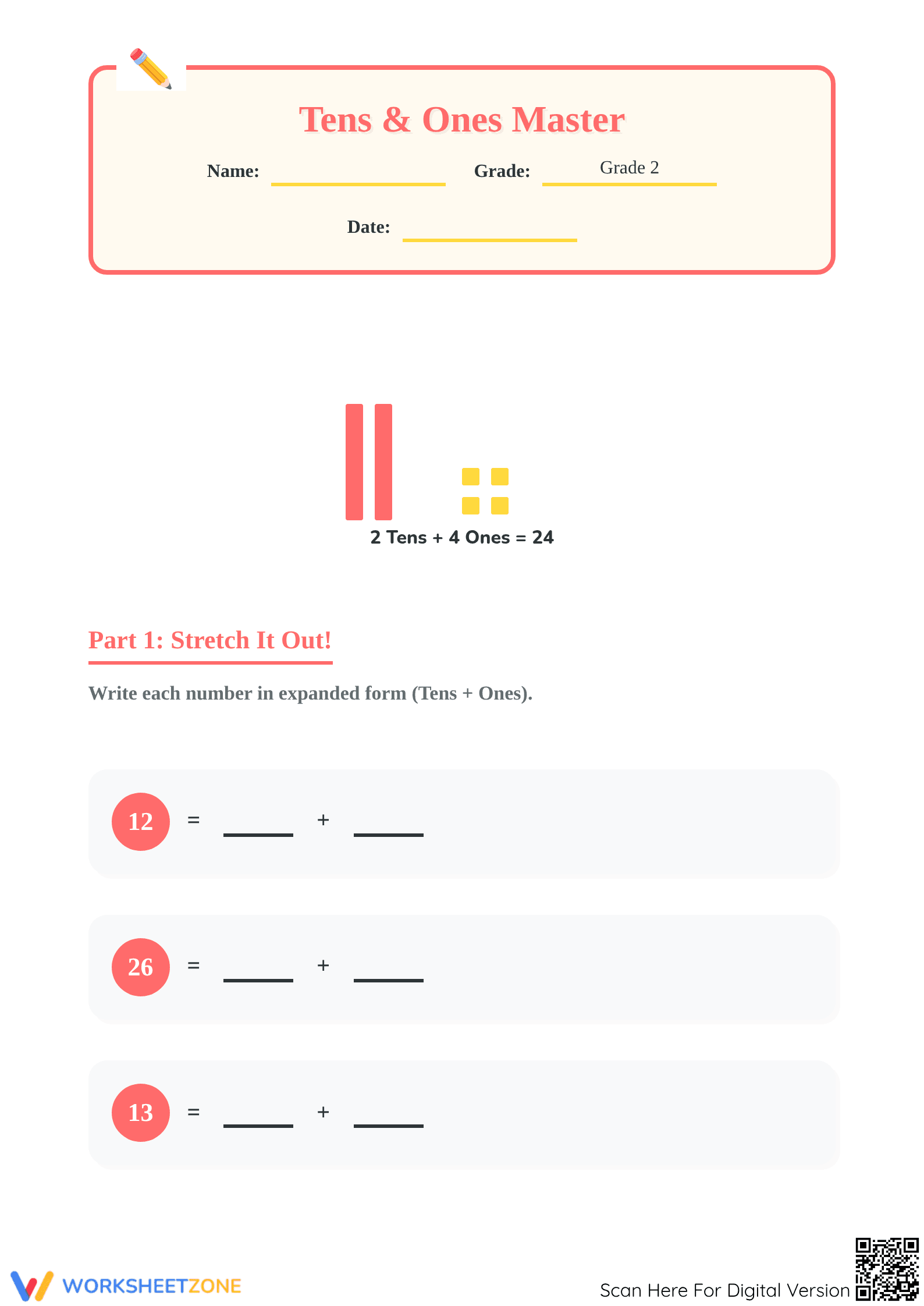 Printable Tens and Ones Master: Grade 2 Place Value Sheet - Page 1