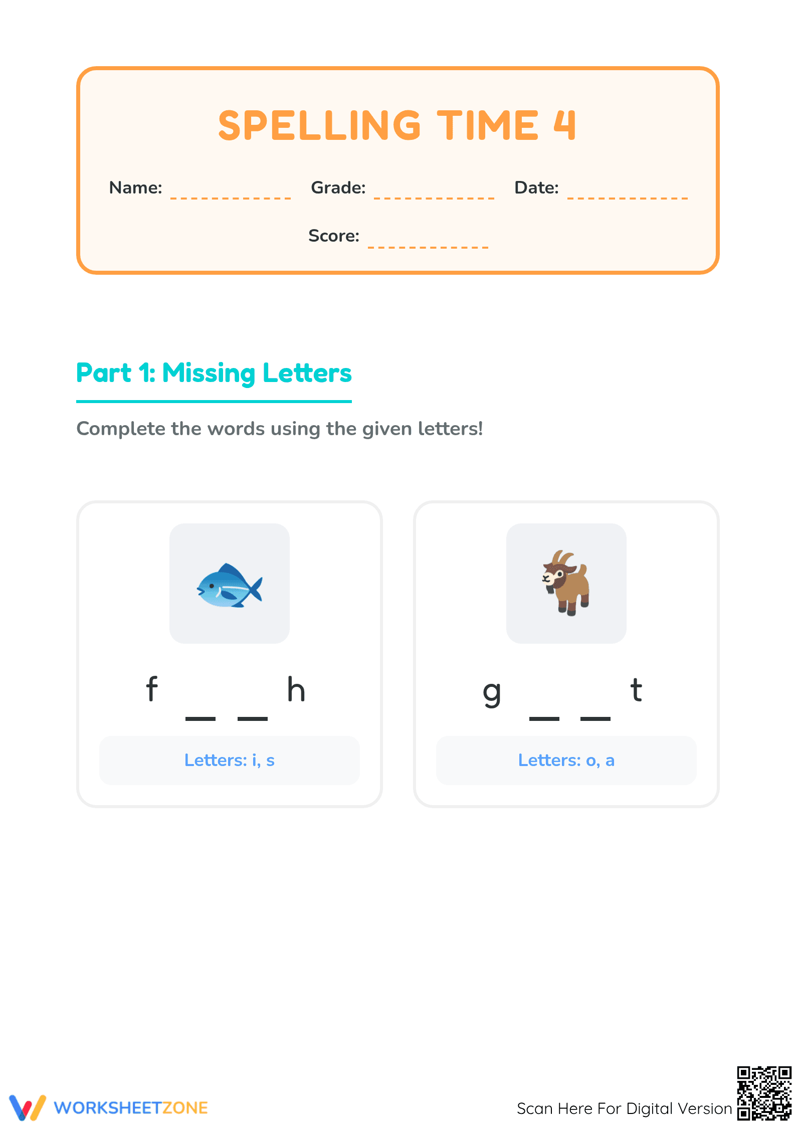 Printable Spelling Time 4 Worksheet | Preschool ELA - Page 1