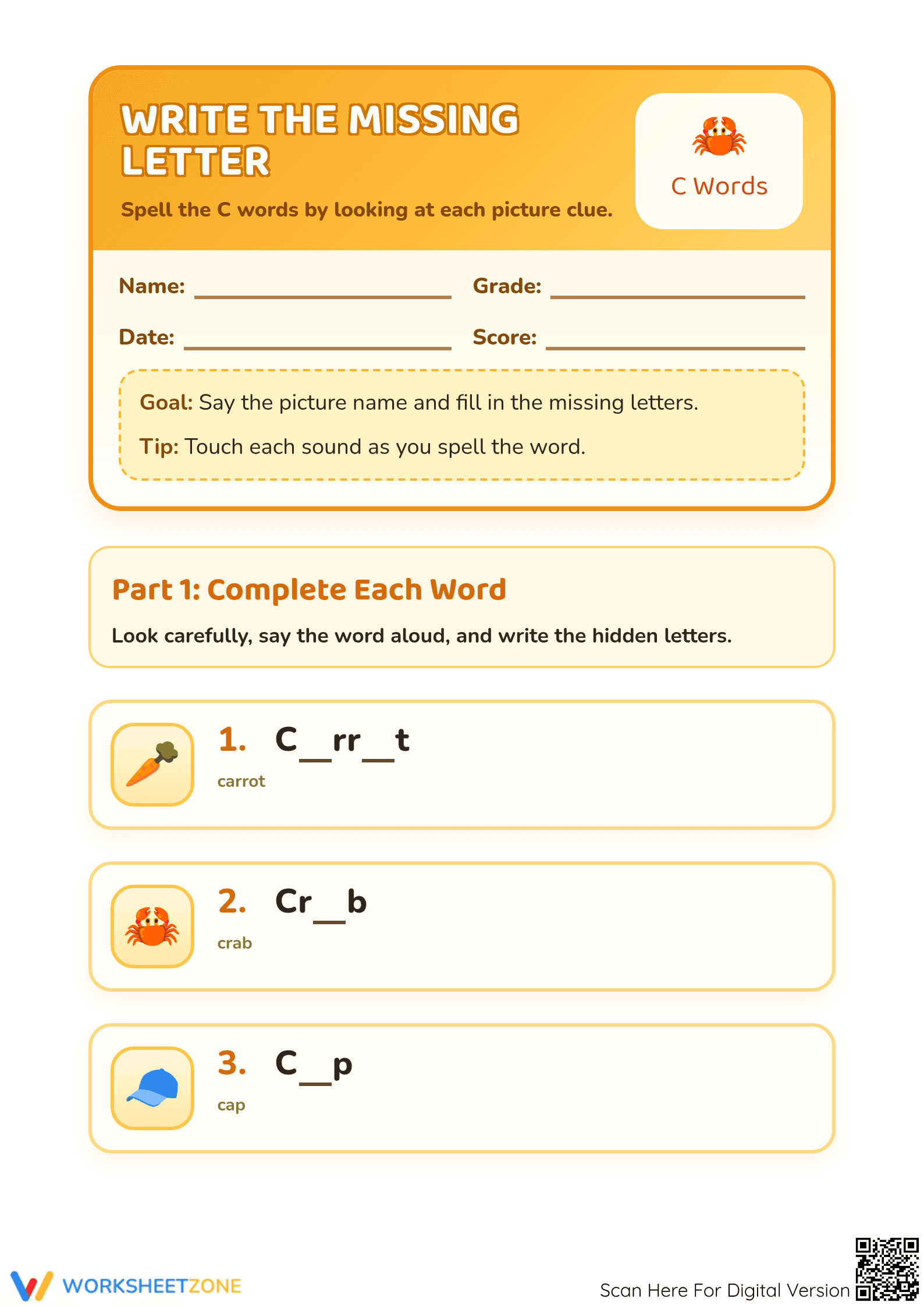 Printable Letter C Spelling Worksheet | Preschool Ready - Page 1