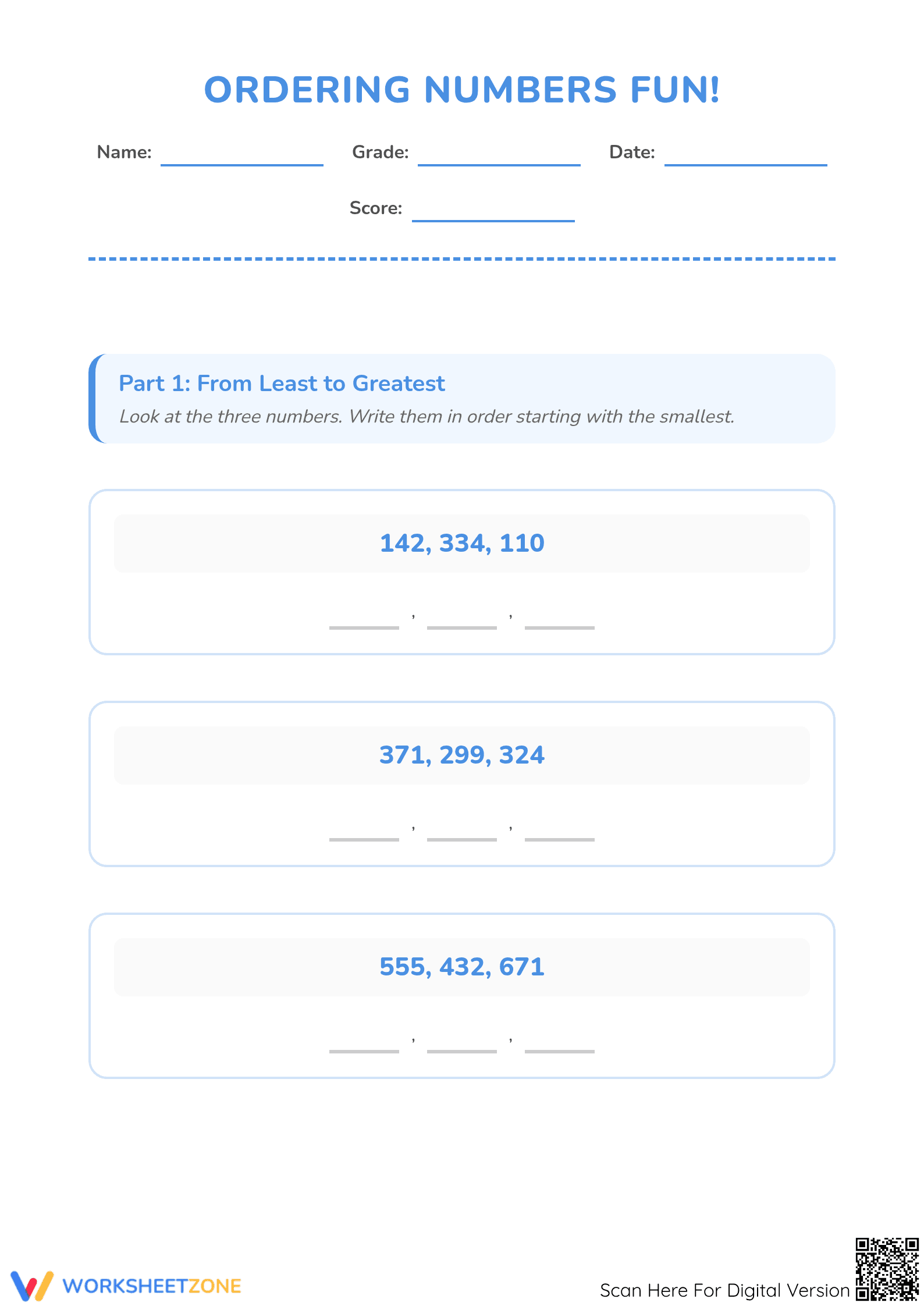 Ordering Numbers Worksheet | Essential Grade 1 Math Practice - Page 1