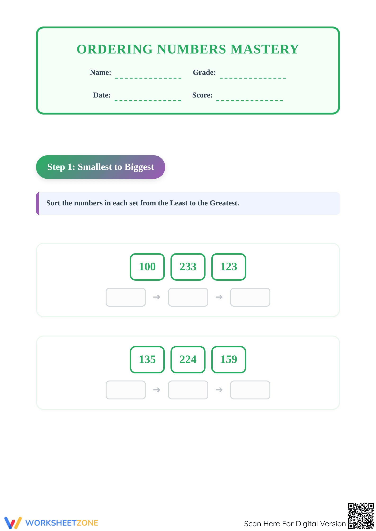 Ordering Numbers Mastery Worksheet | Printable Grade 1 Math - Page 1
