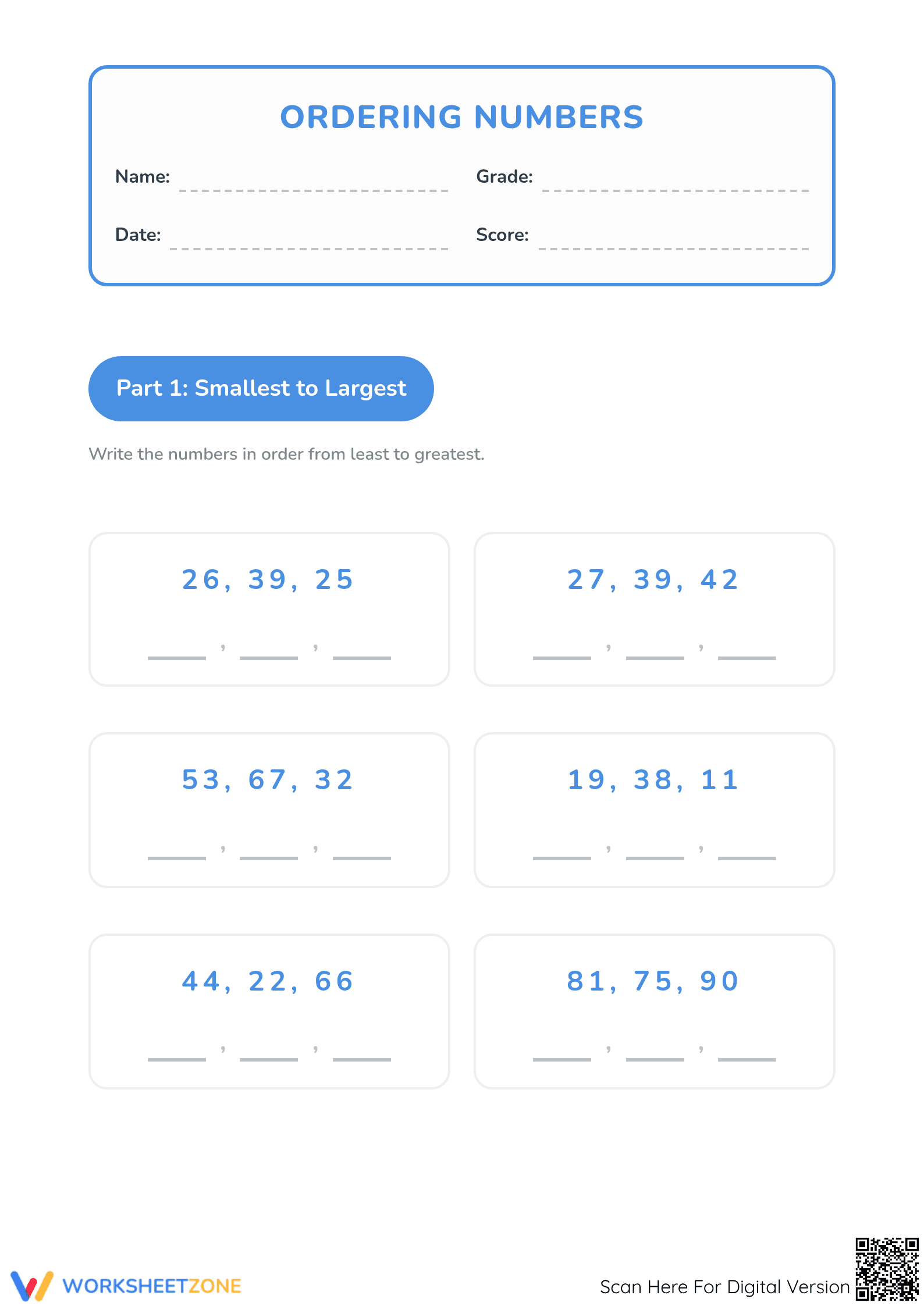 Grade 1 Ordering Numbers Worksheet — Printable Math Guide - Page 1