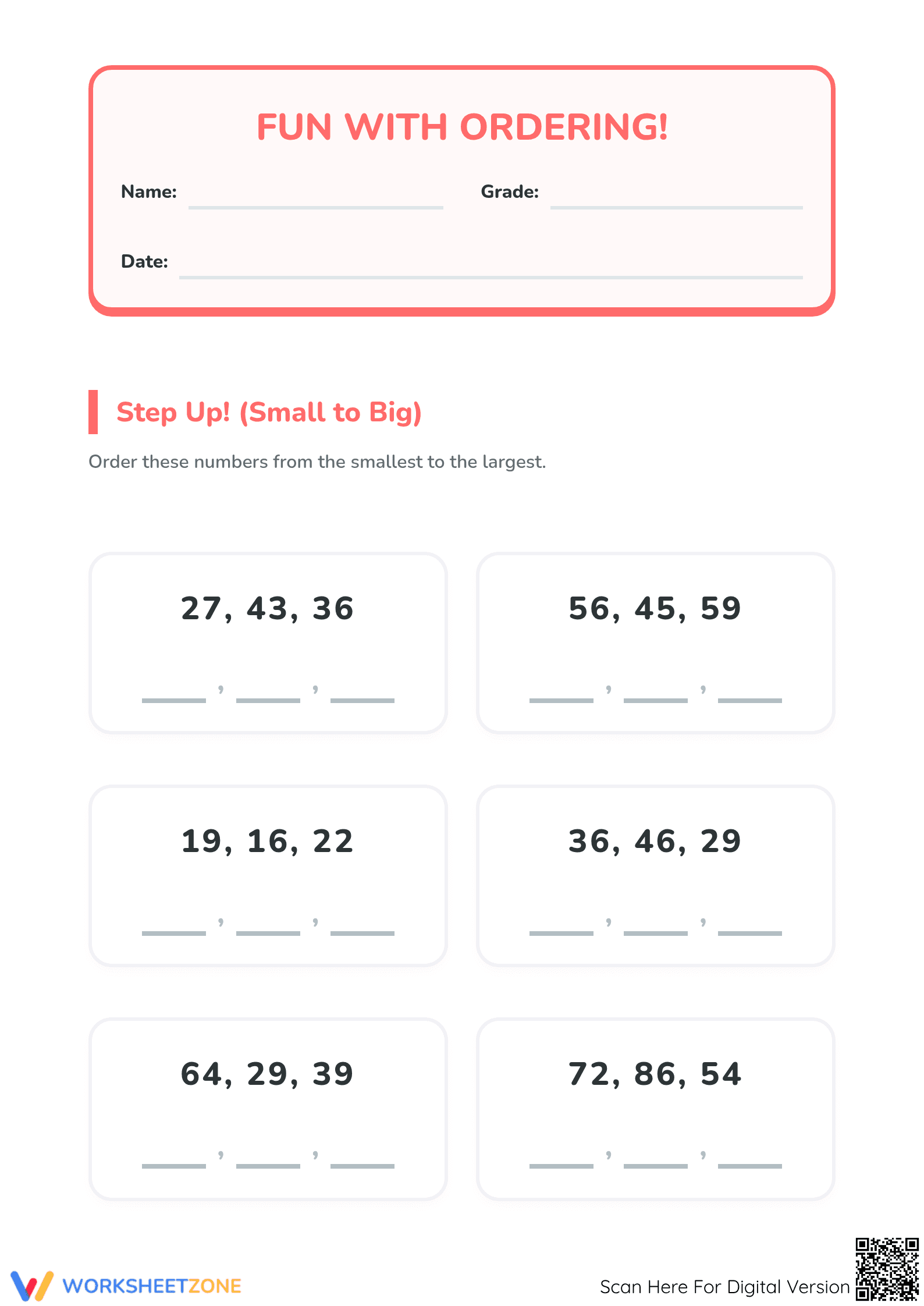 Printable Grade 1 Ordering Numbers 10 Worksheet Packet - Page 1