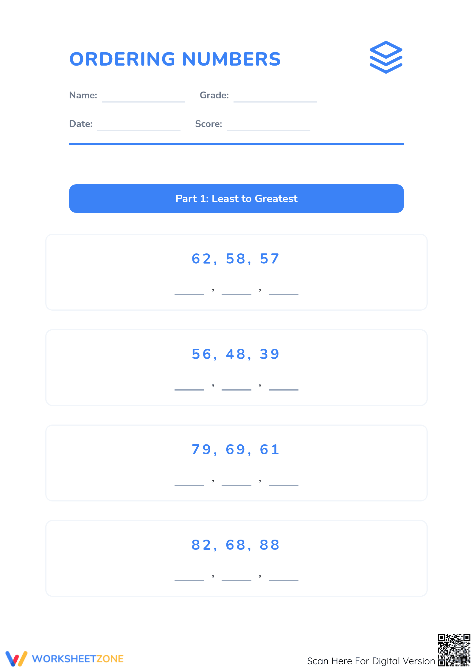 Printable Ordering Numbers Worksheet | Grade 1 Math Aligned - Page 1