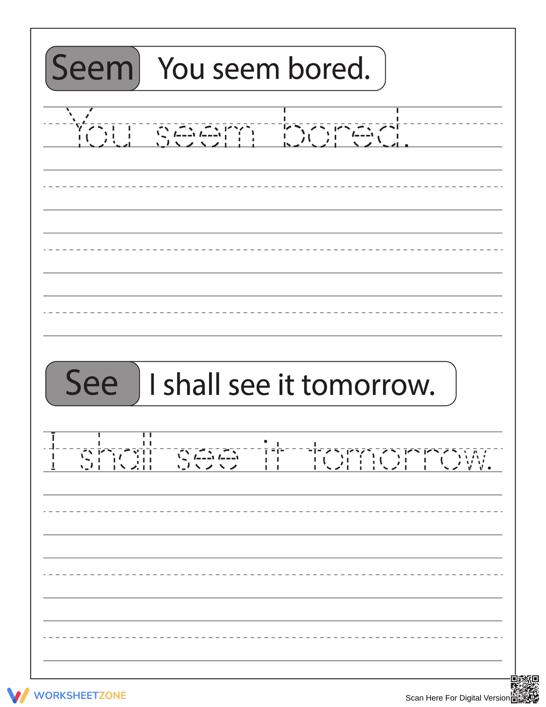Printable Sentence Tracing Practice Worksheet - Page 1