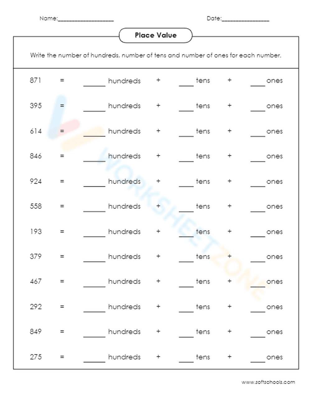 Practice Place Value with Hundreds, Tens, Ones - Page 1