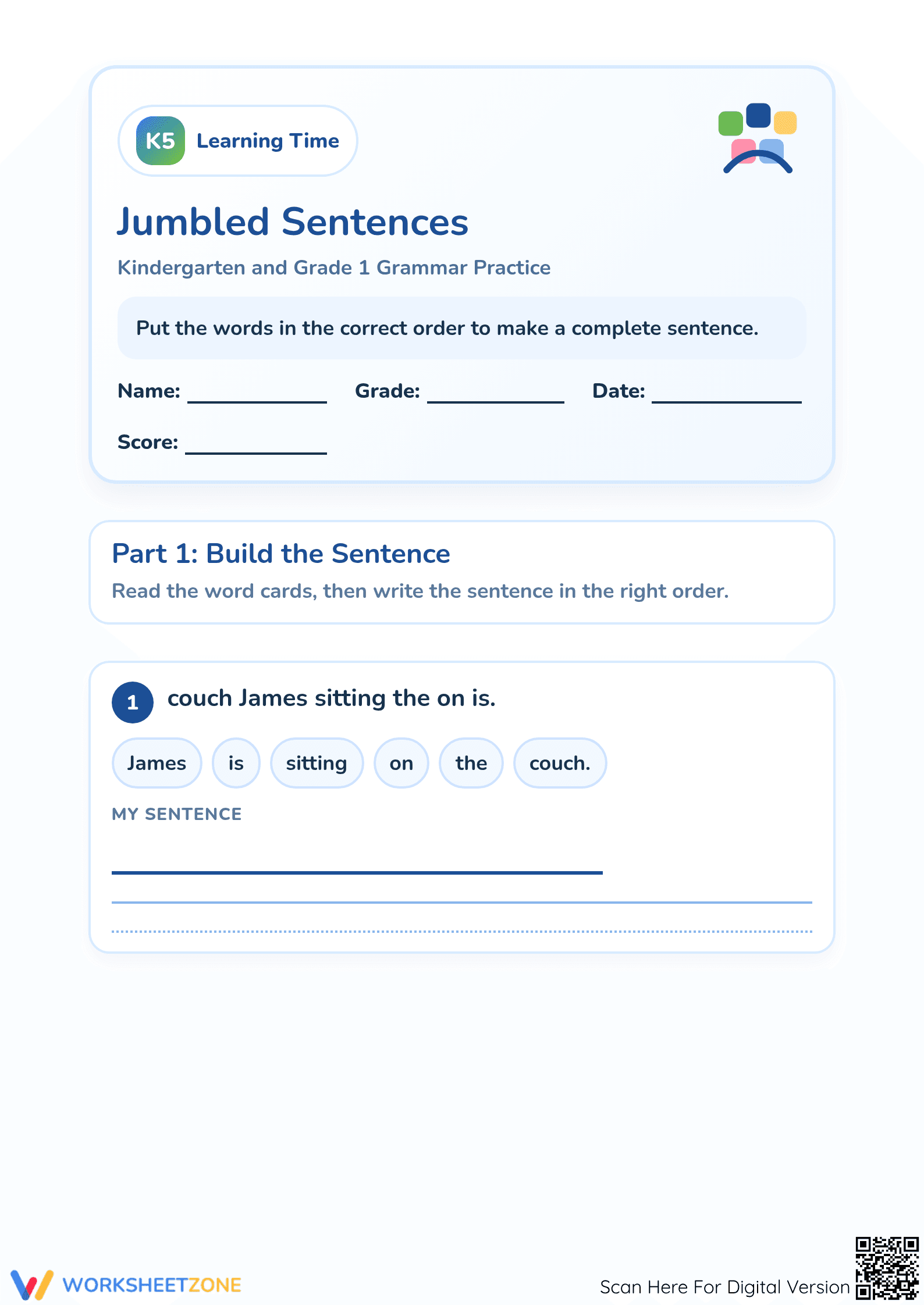 Jumbled Sentences Worksheet | Printable Kindergarten ELA - Page 1