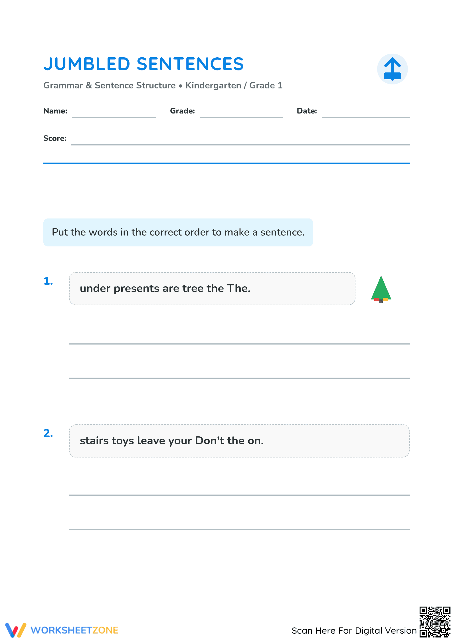 Printable Jumbled Sentences Worksheet | Kindergarten ELA - Page 1