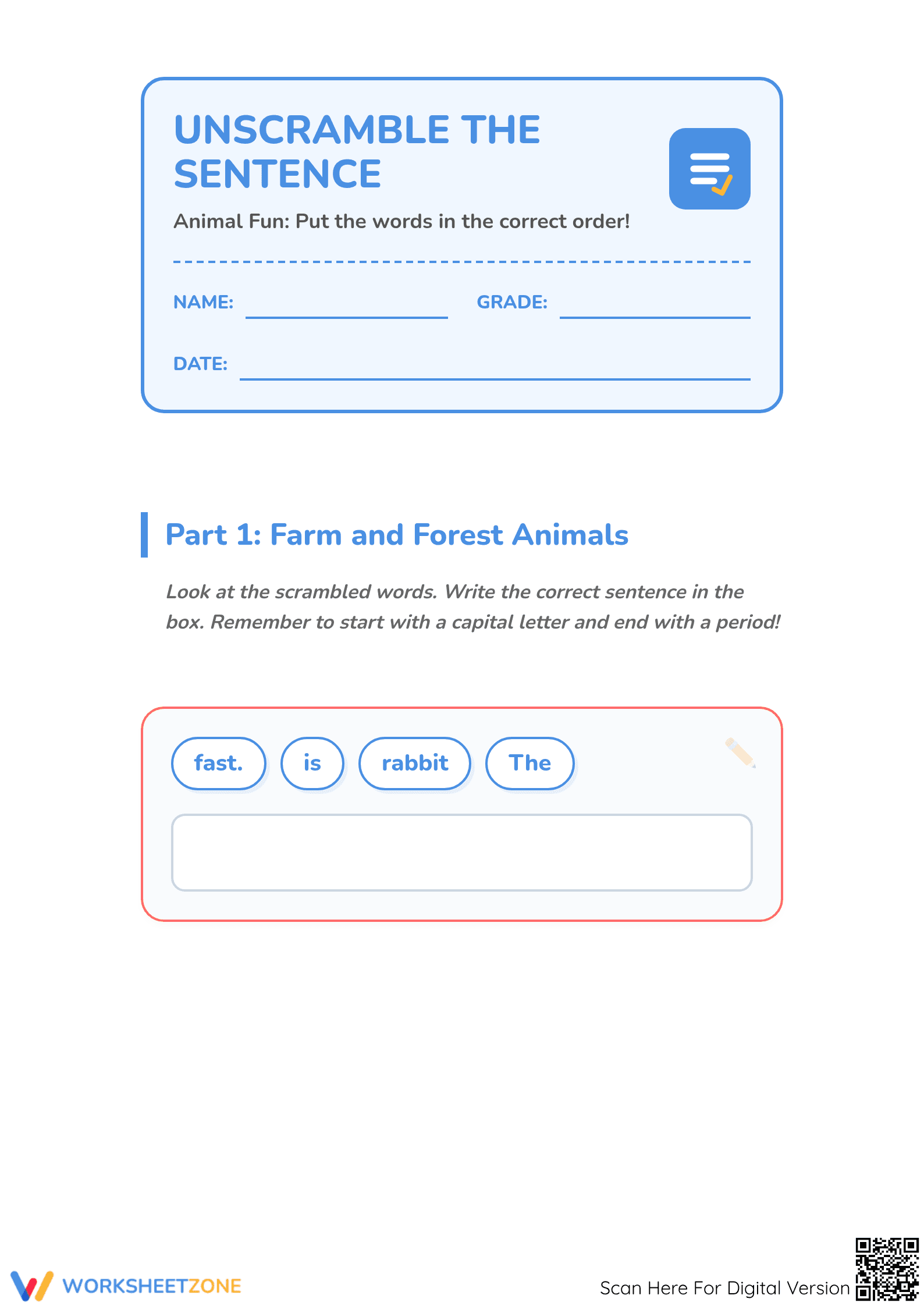 Printable Unscramble the Sentence Worksheet | Grade 1 ELA - Page 1