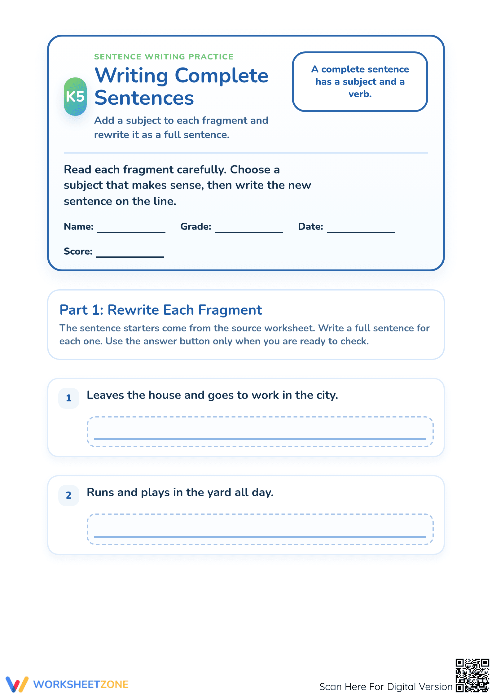 Essential Writing Complete Sentences Worksheet | Grade 1 ELA - Page 1