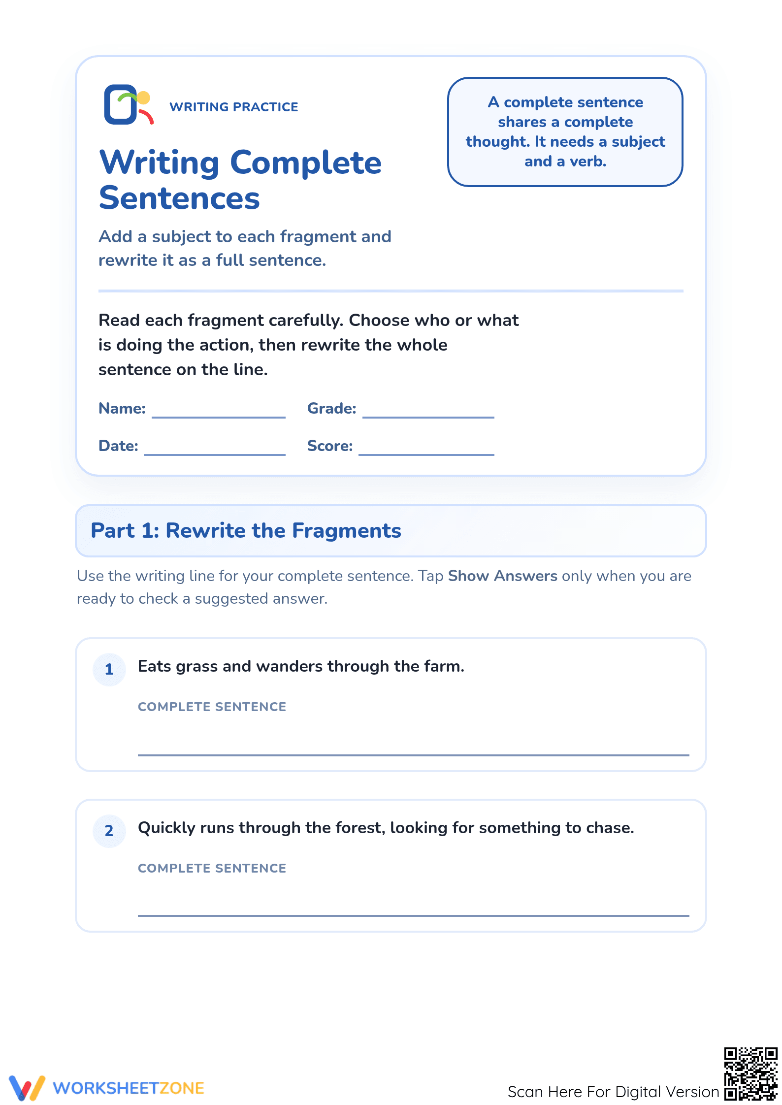 Writing Complete Sentences Worksheet | Grade 1 Essential - Page 1