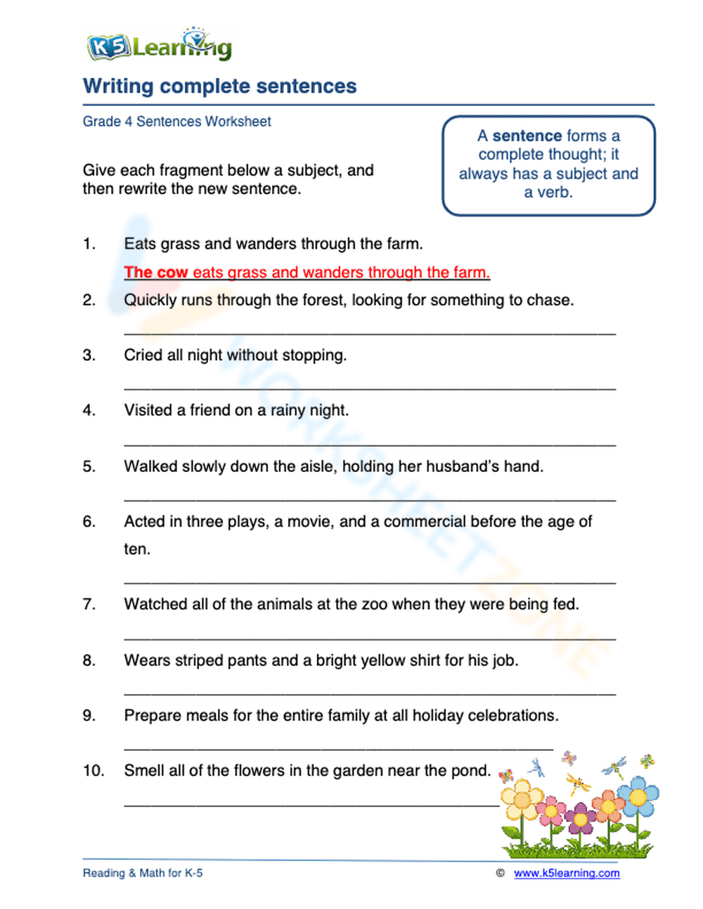 Writing complete sentences 2 - Page 1