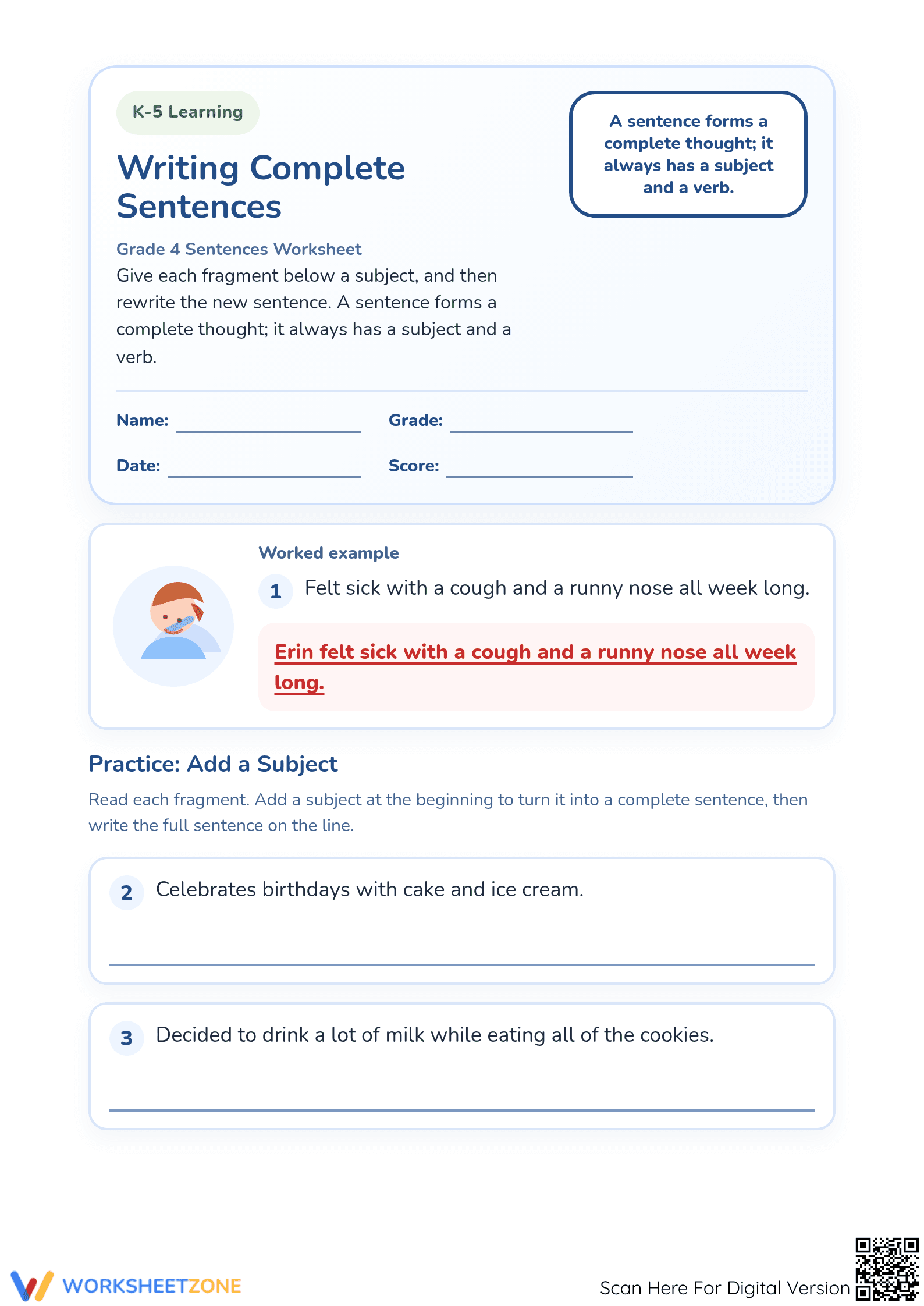 Printable Writing Complete Sentences Worksheet | Grade 4 - Page 1