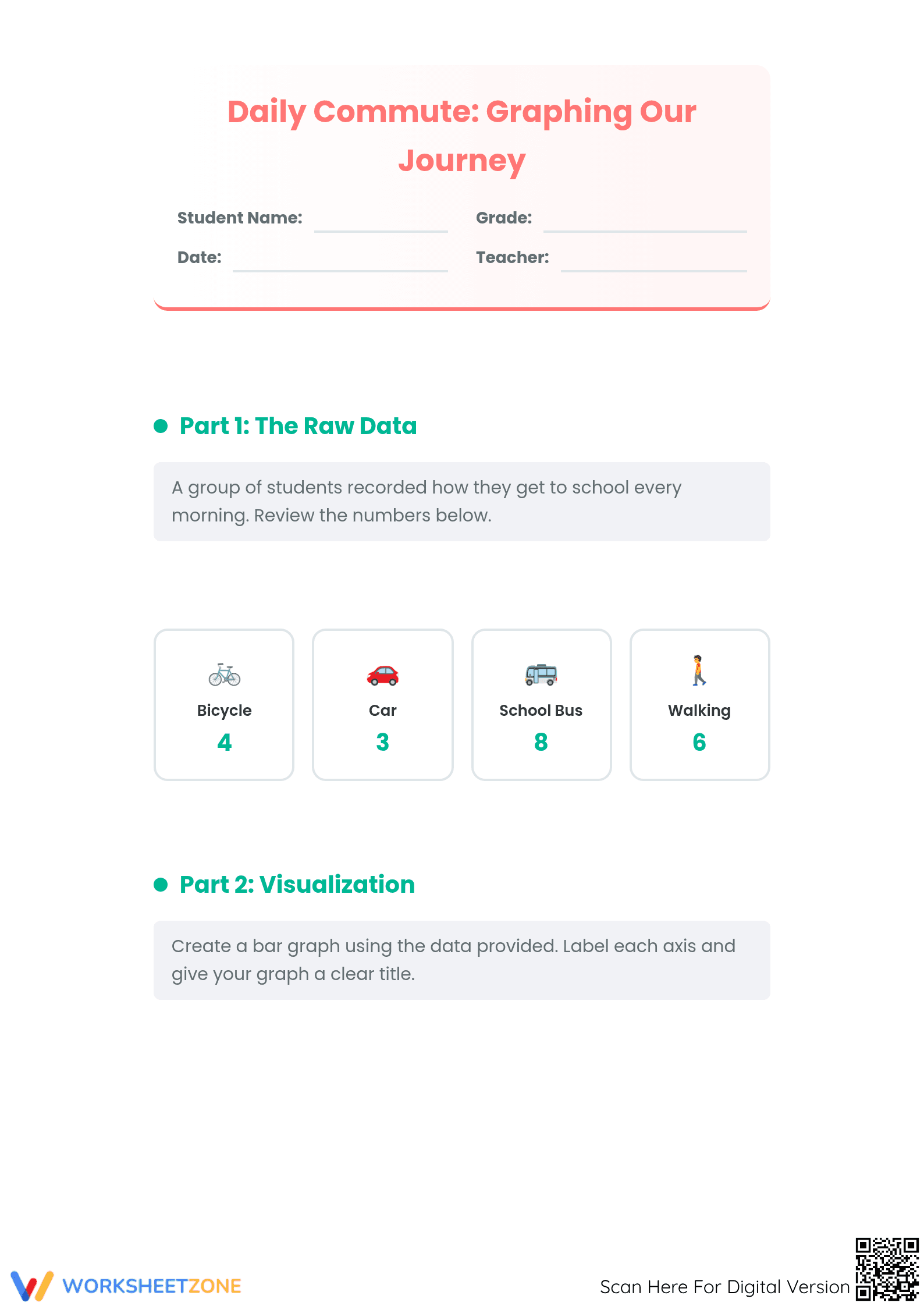 Printable Bar Graph Worksheet: How I Get to School (Grades 4-6) - Page 1