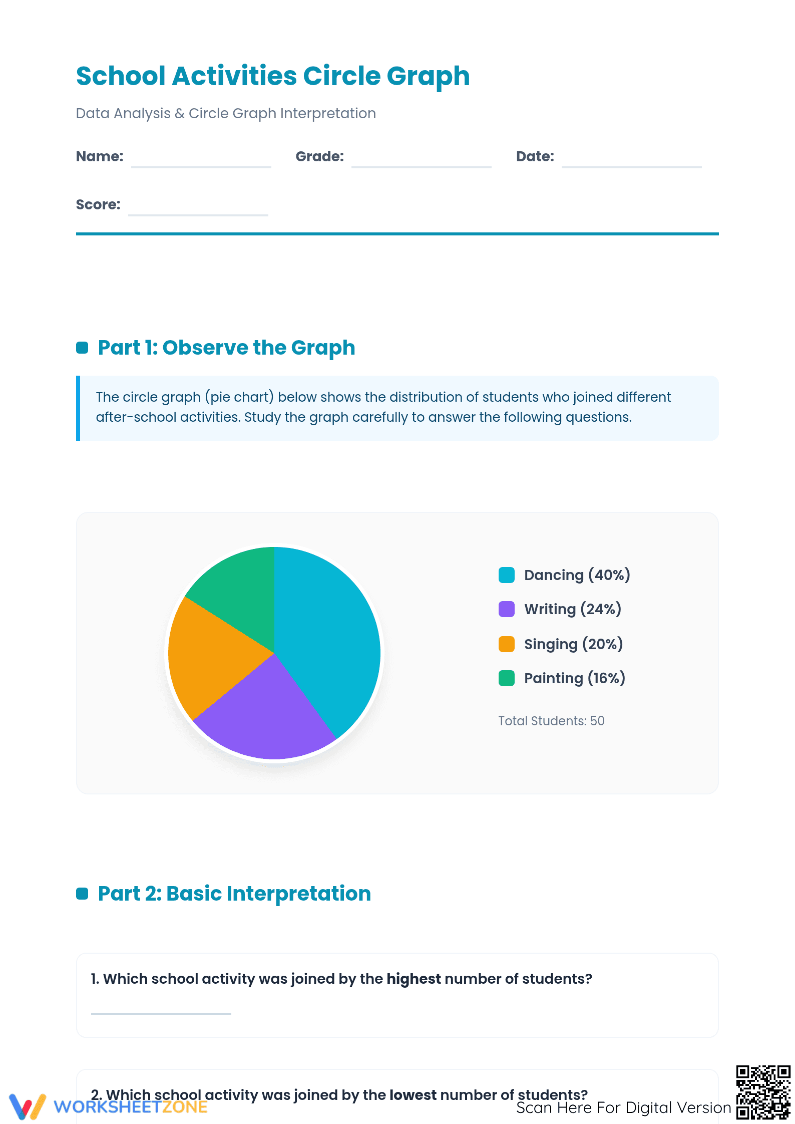 Printable Circle Graph Worksheet | Grade 4-6 Math Aligned - Page 1