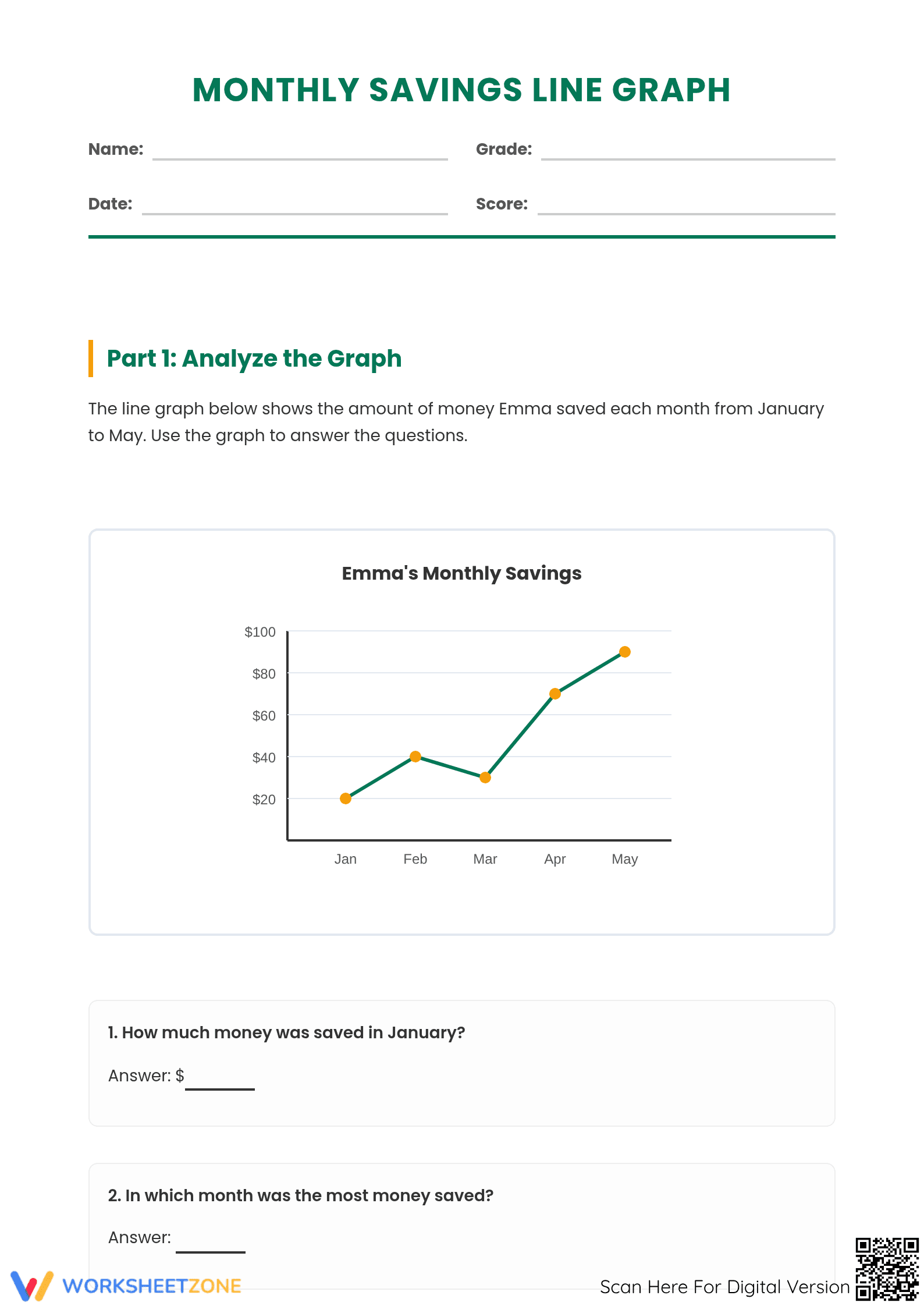 Essential Monthly Savings Line Graph Worksheet | Grade 5 - Page 1