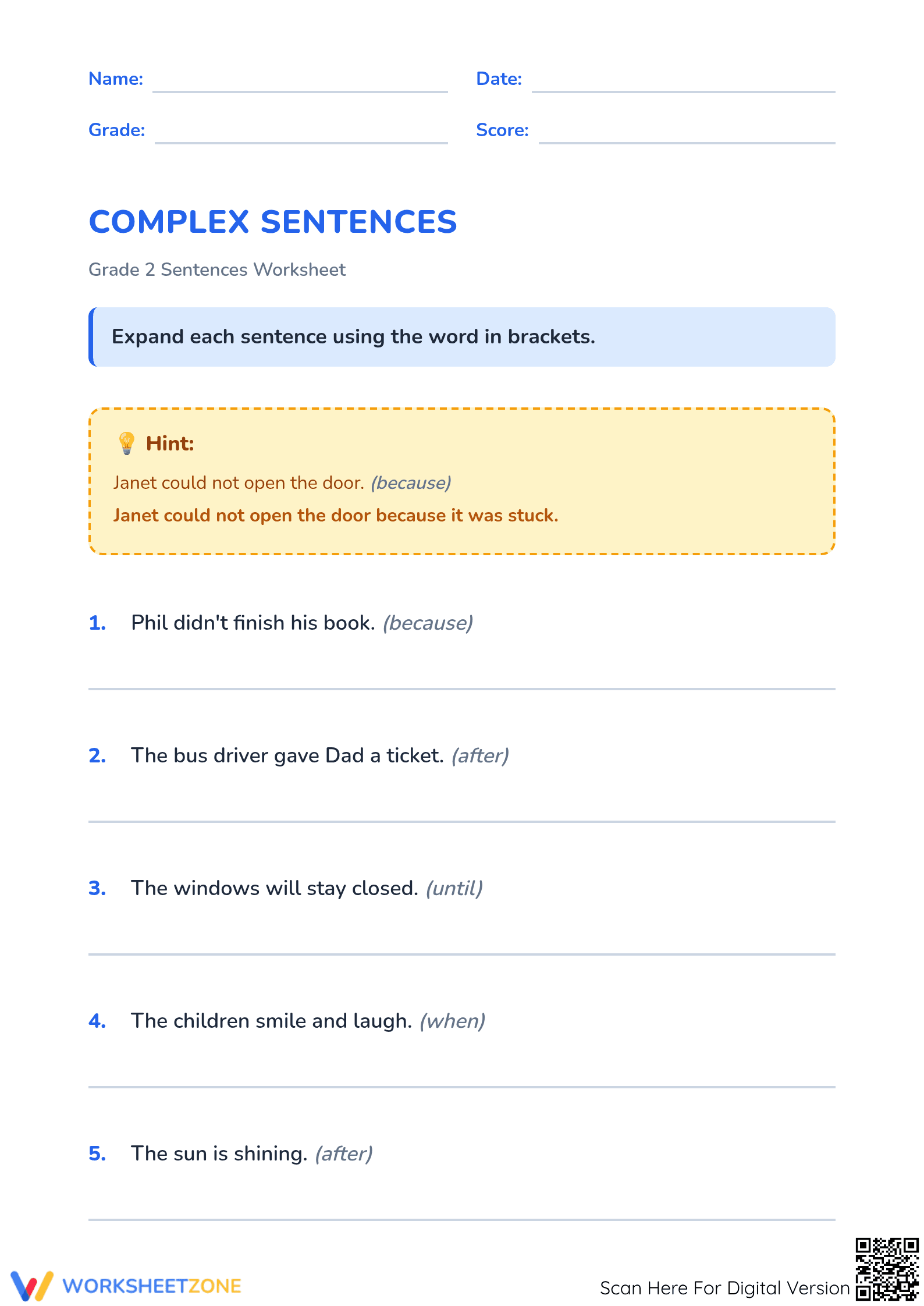 Grade 2 Complex Sentences Worksheet | Printable Ready - Page 1