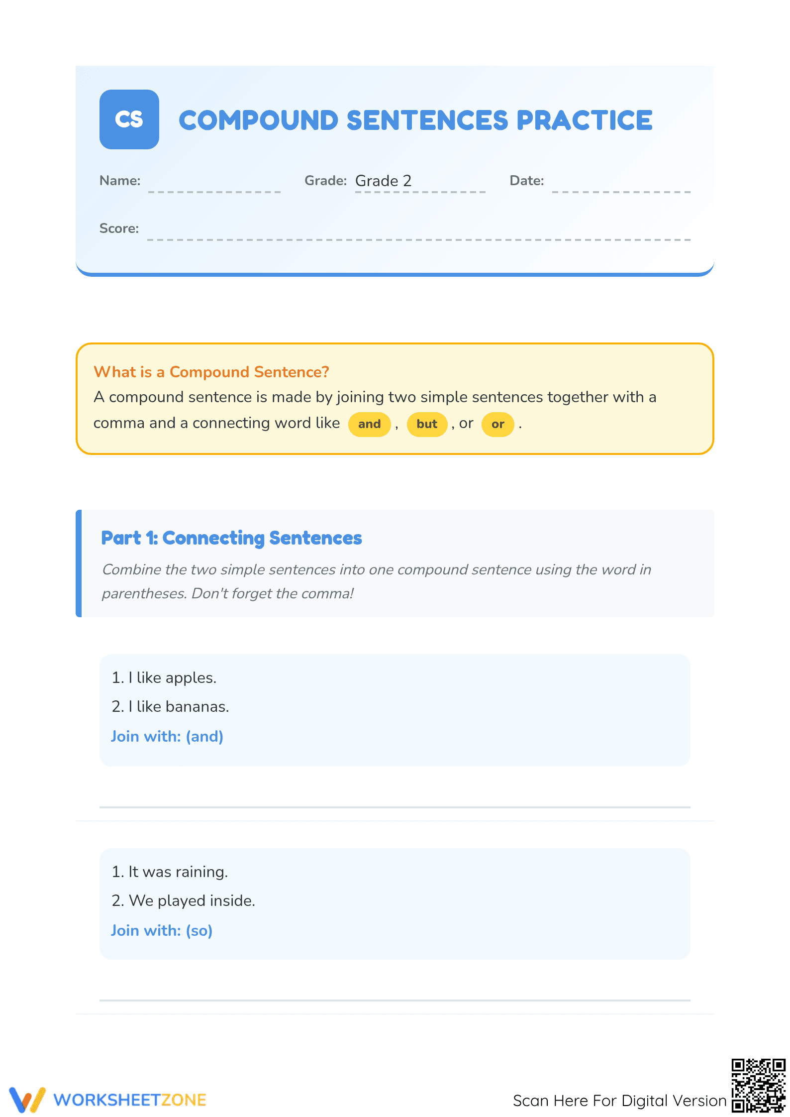 Grade 2 Compound Sentences — Printable No-Prep Worksheet - Page 1