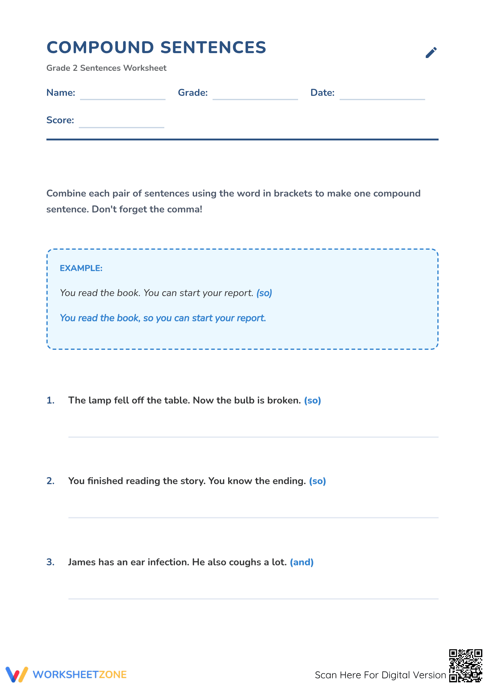Compound Sentences Printable Worksheet | Grade 2 ELA - Page 1
