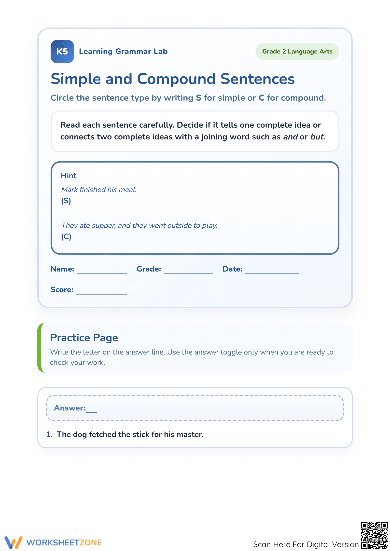 Essential Simple and Compound Sentences Worksheet | Grade 2 - Page 1
