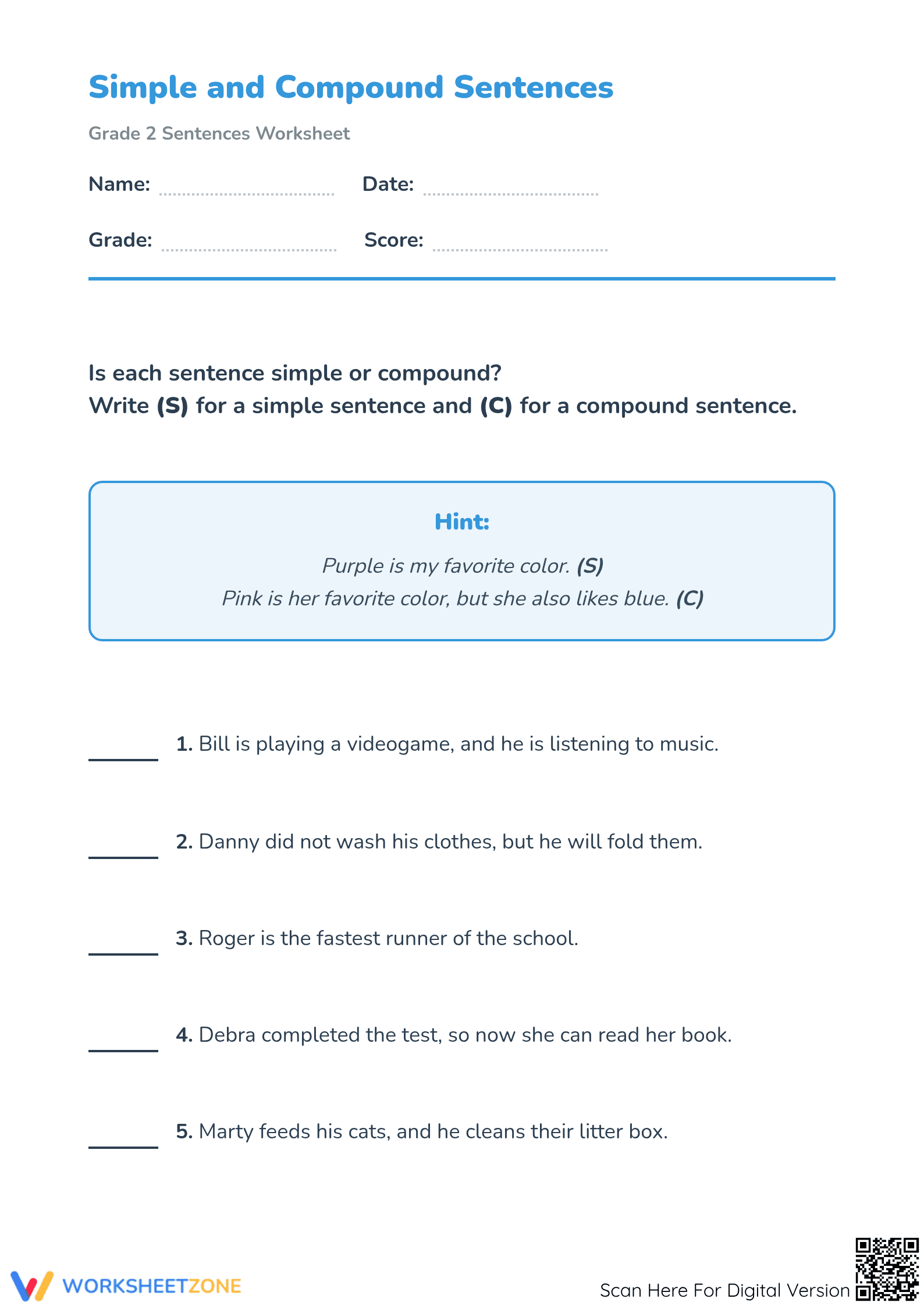 Simple and Compound Sentences | Essential Grade 2 ELA - Page 1