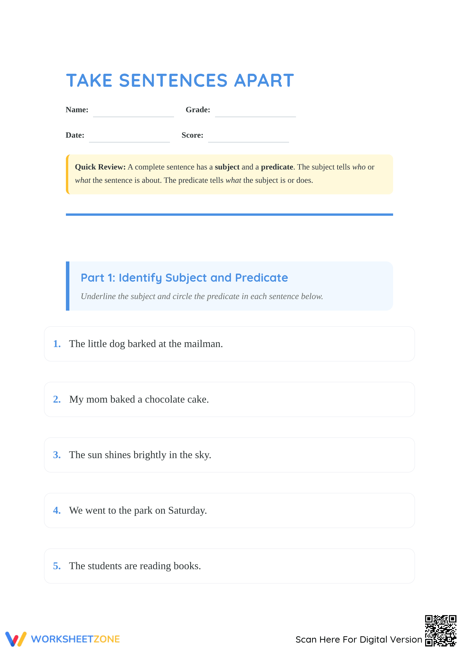Essential Subject and Predicate Worksheet | Grade 2 ELA - Page 1