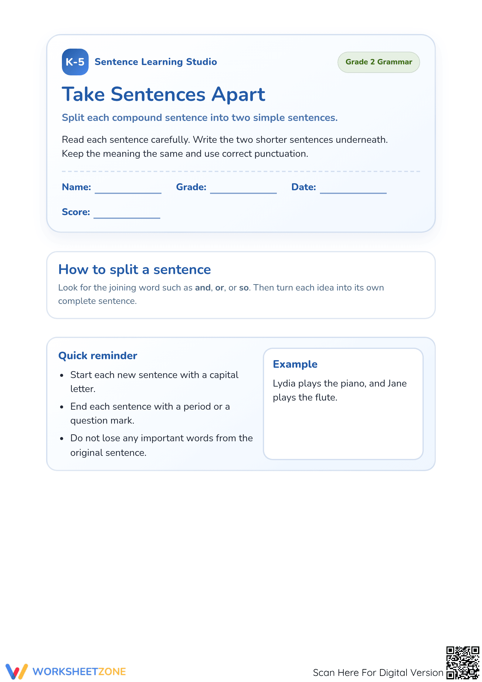Printable Grade 2 Worksheet: Take Sentences Apart - Page 1