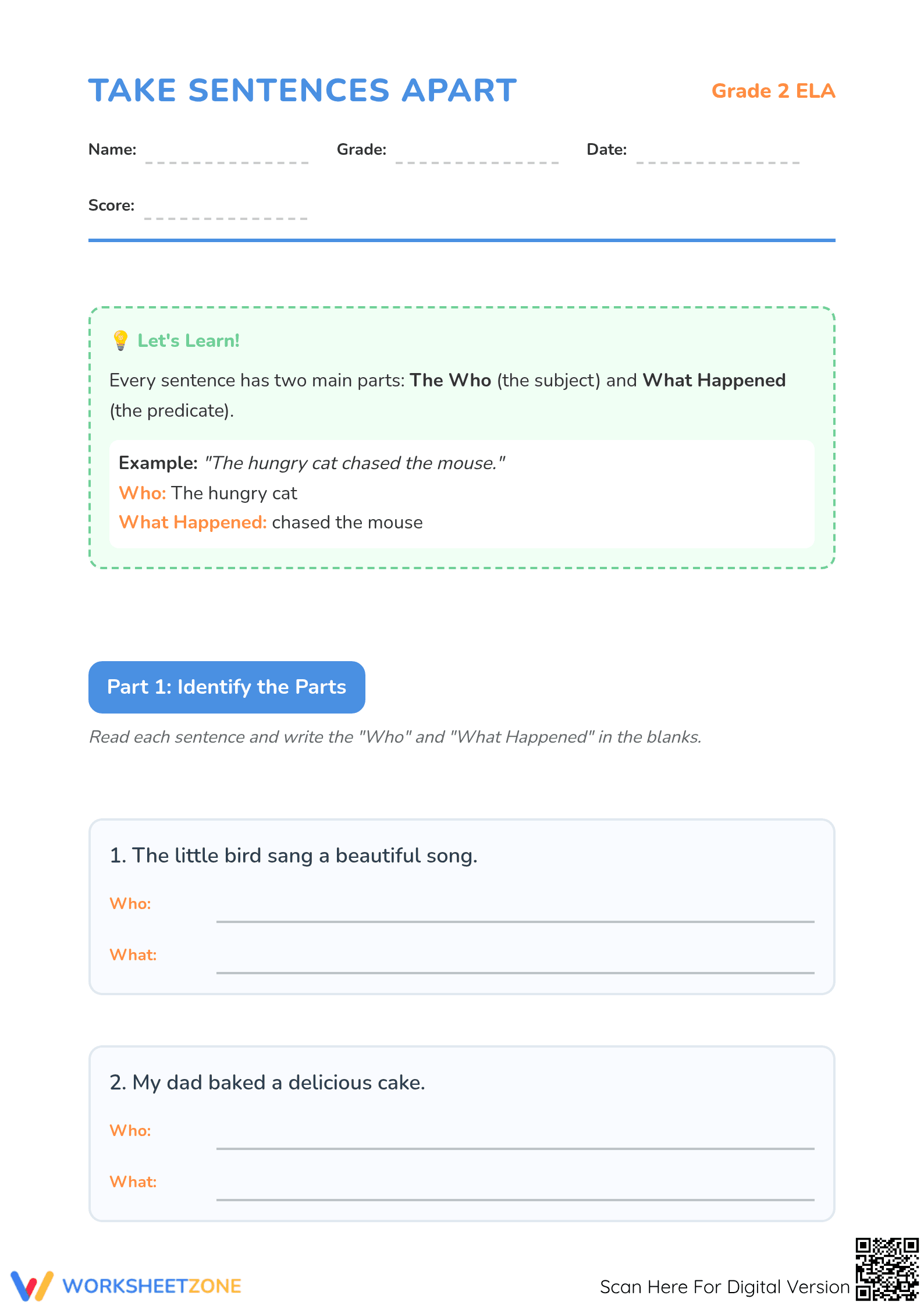 Take Sentences Apart Worksheet | Grade 2 Essential ELA - Page 1
