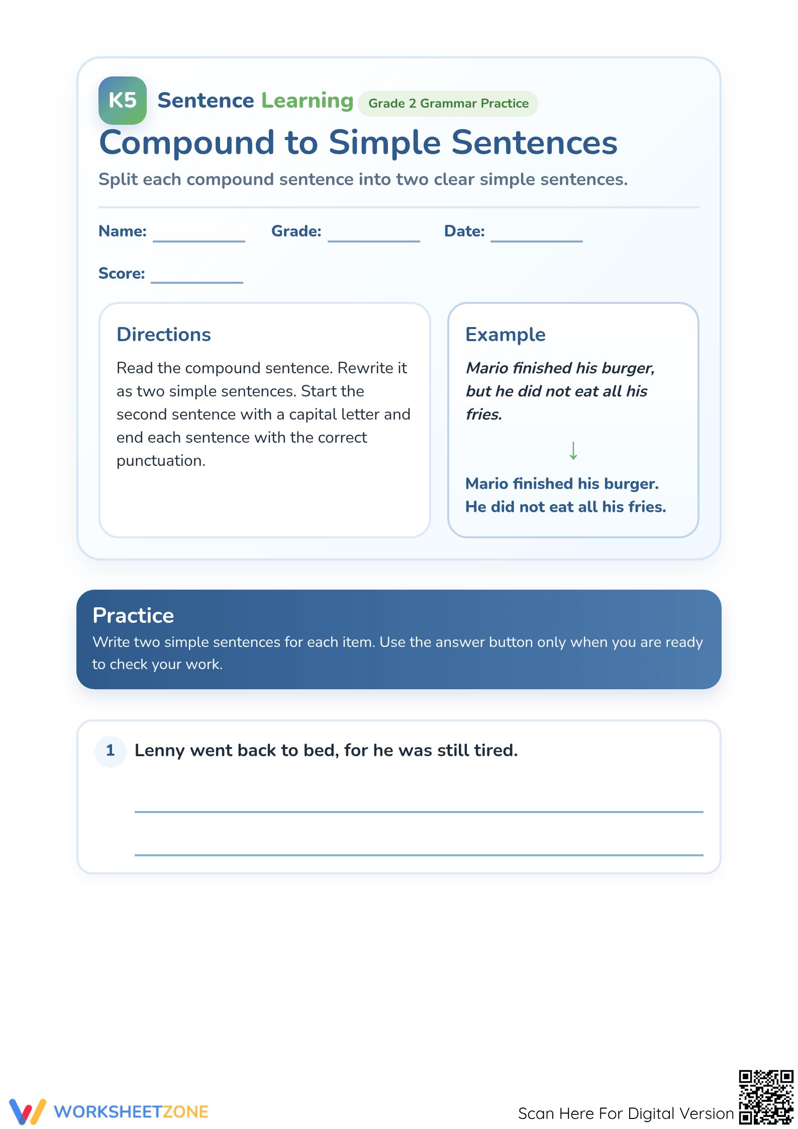 Printable Compound to Simple Sentences Worksheet | Grade 2 - Page 1