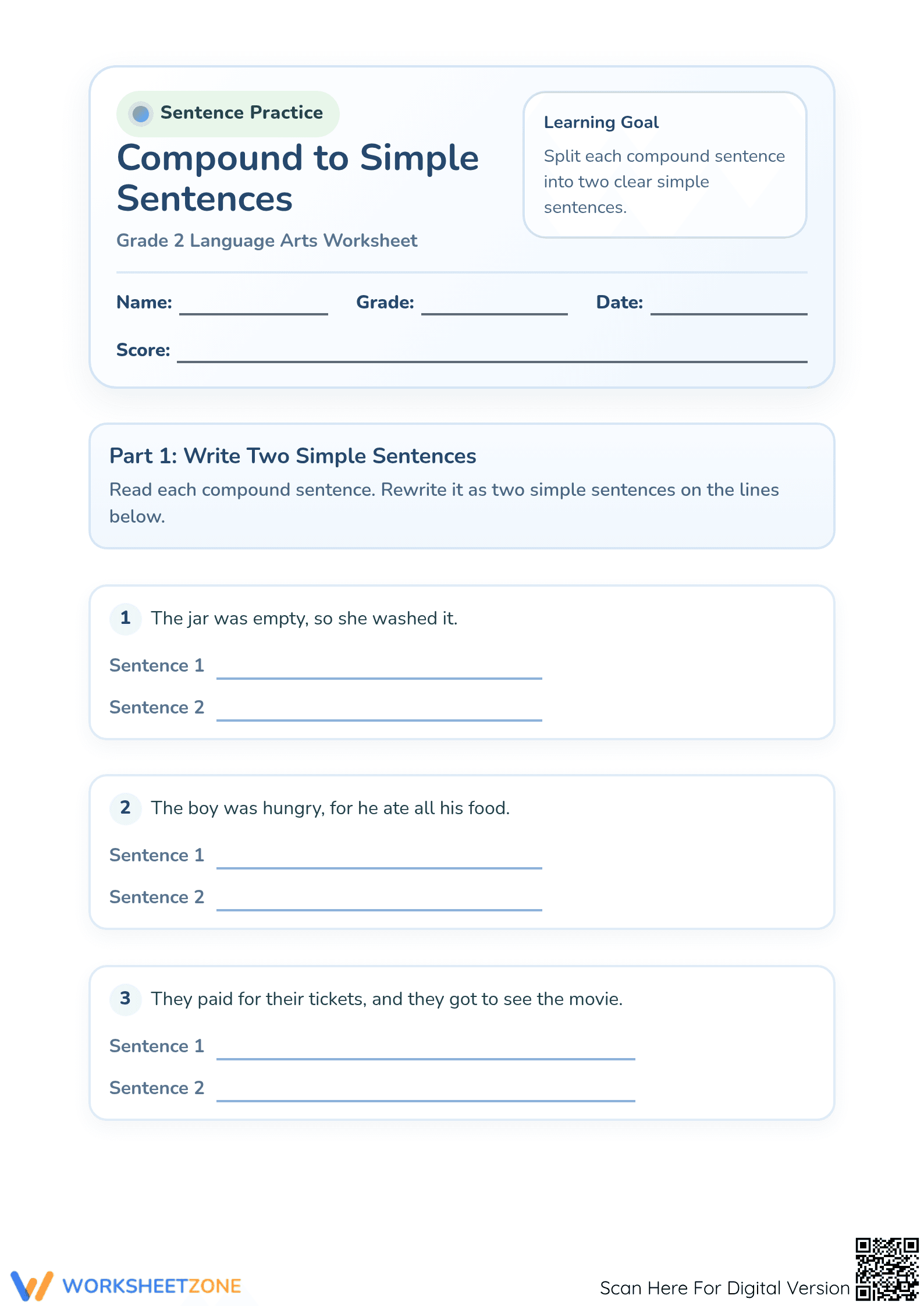 Grade 2 Compound to Simple Sentences – Printable Worksheet - Page 1