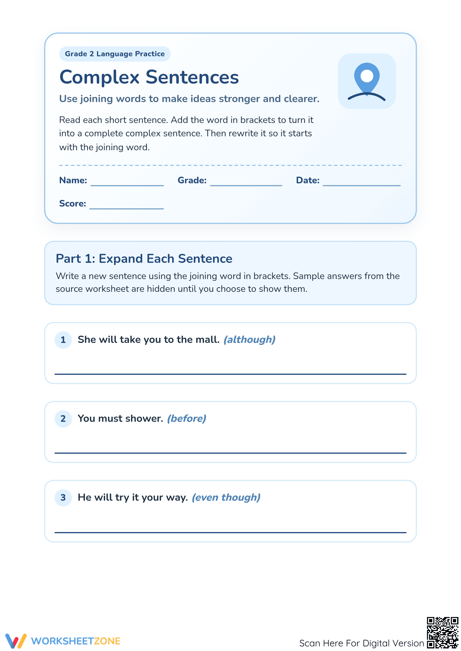 Complex Sentences Worksheet | Printable Grade 2 ELA - Page 1