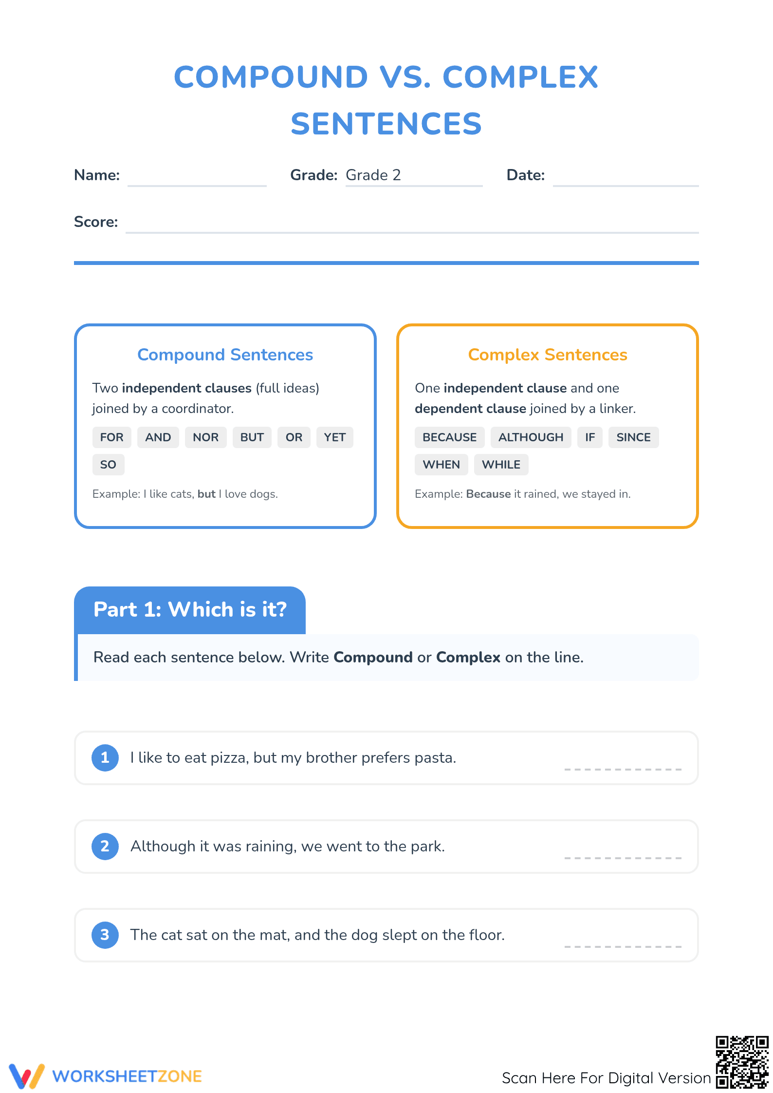 Printable Compound vs. Complex Sentences | Grade 2 ELA - Page 1