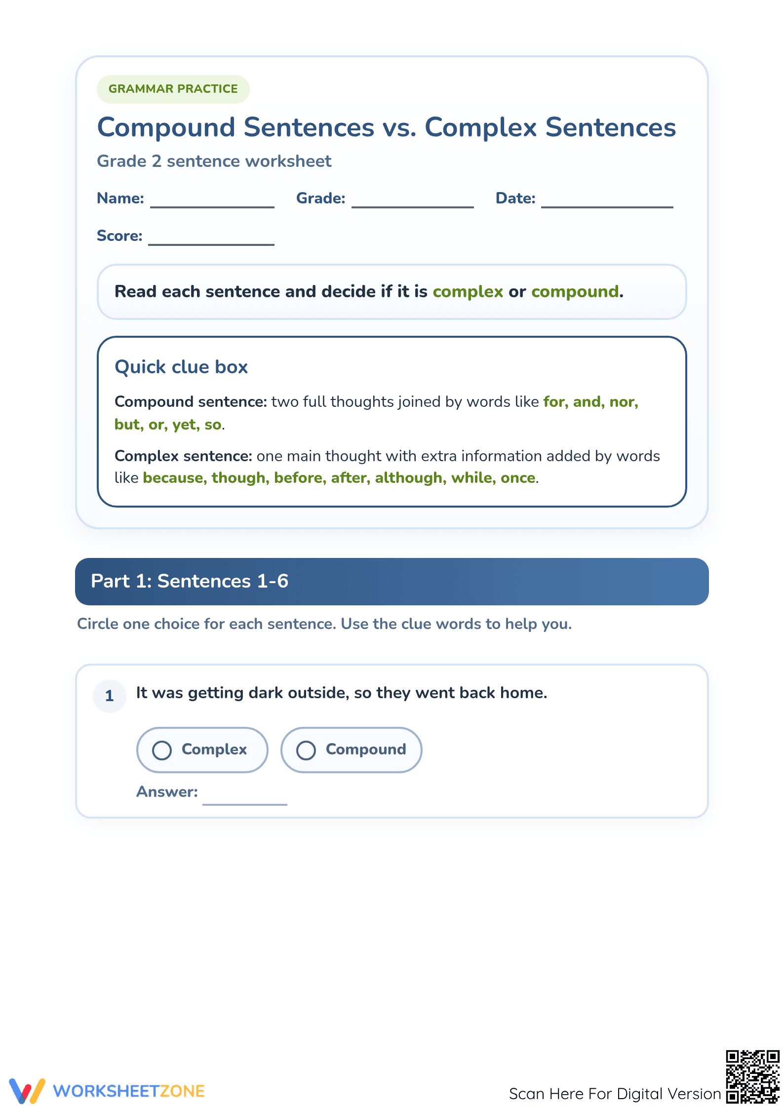 Printable Compound vs Complex Sentences Worksheet | Grade 2 - Page 1