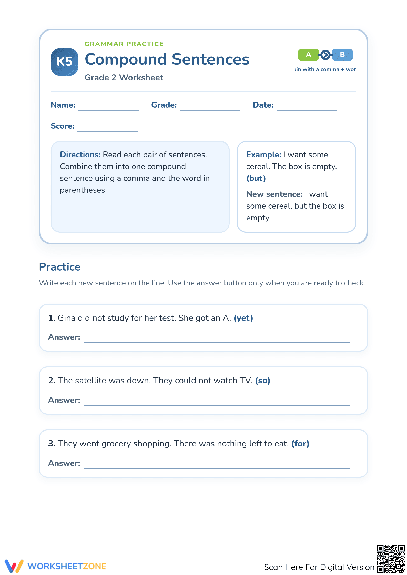 Printable Compound Sentences Worksheet | Grade 2 ELA - Page 1