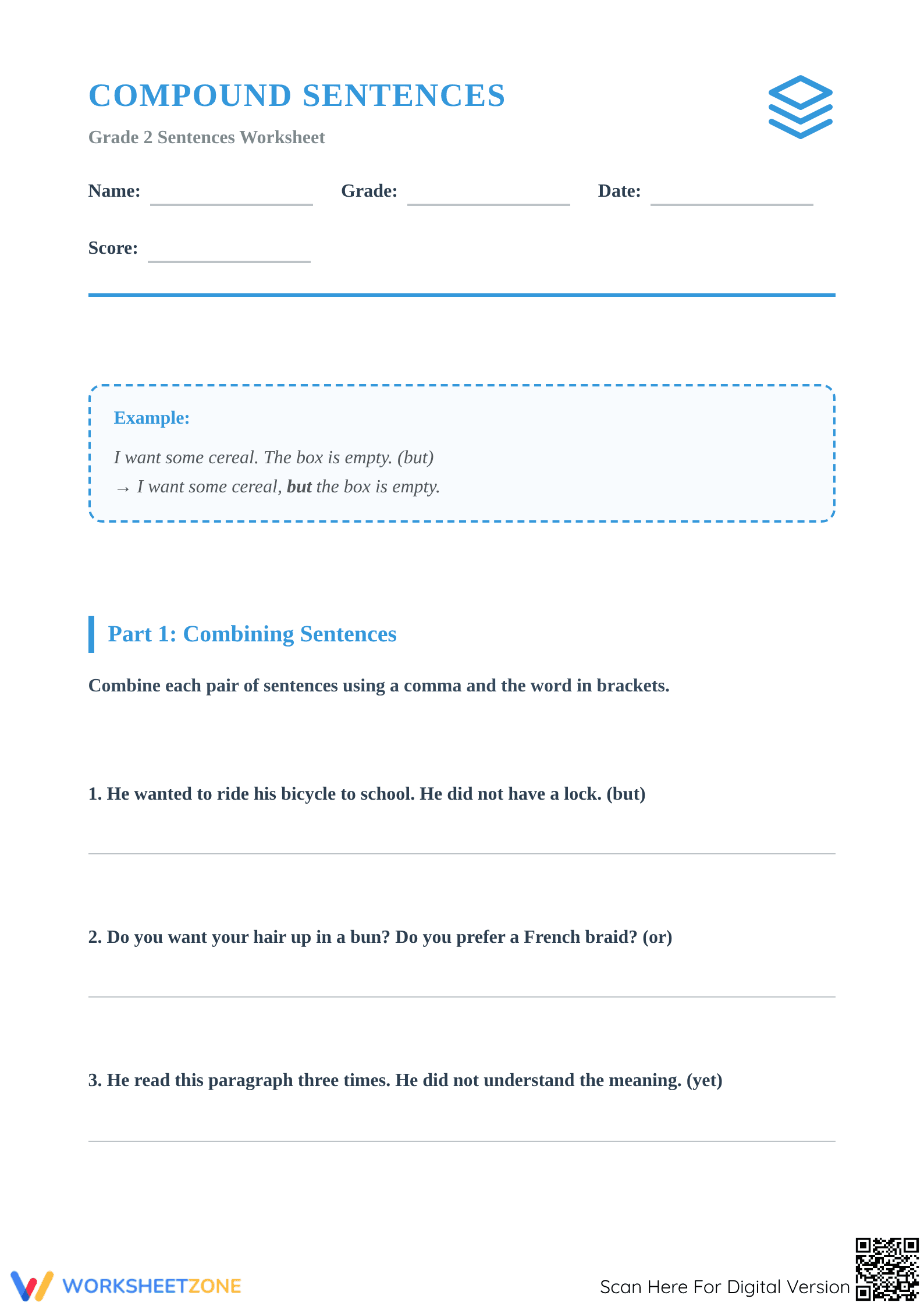 Compound Sentences Printable Worksheet | Grade 2 ELA - Page 1