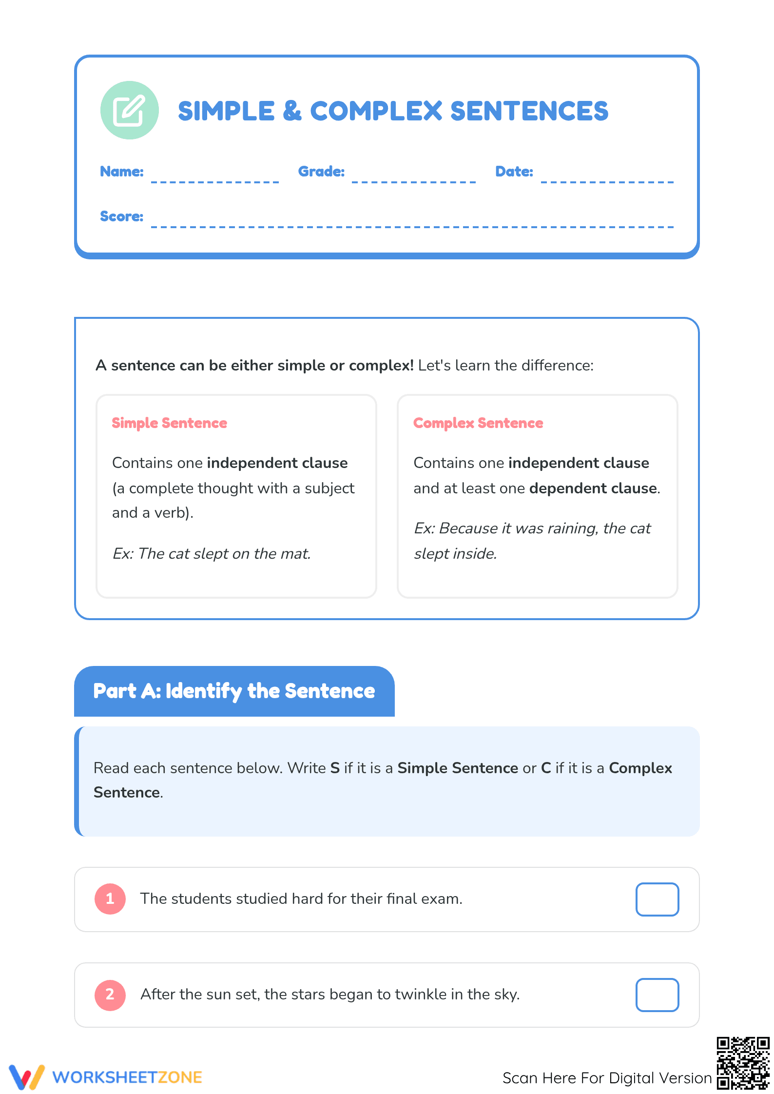 Grade 2 Simple and Complex Sentences — Printable Guide - Page 1