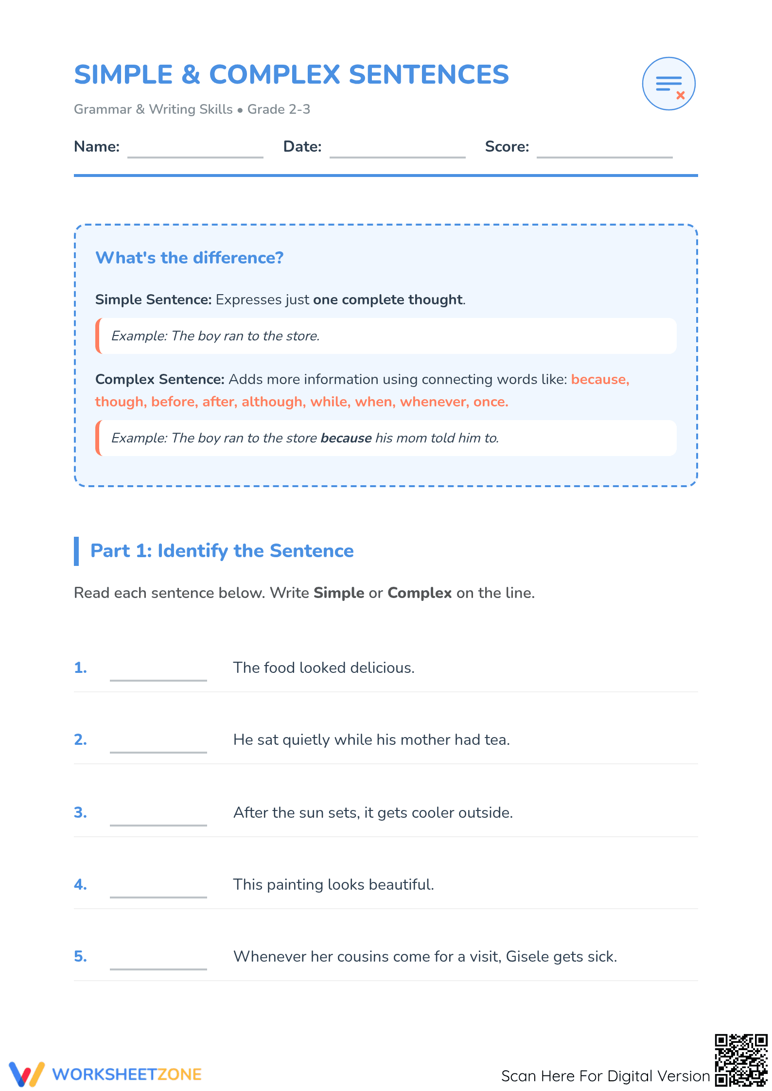 Simple and Complex Sentences Printable | Grade 2 ELA - Page 1