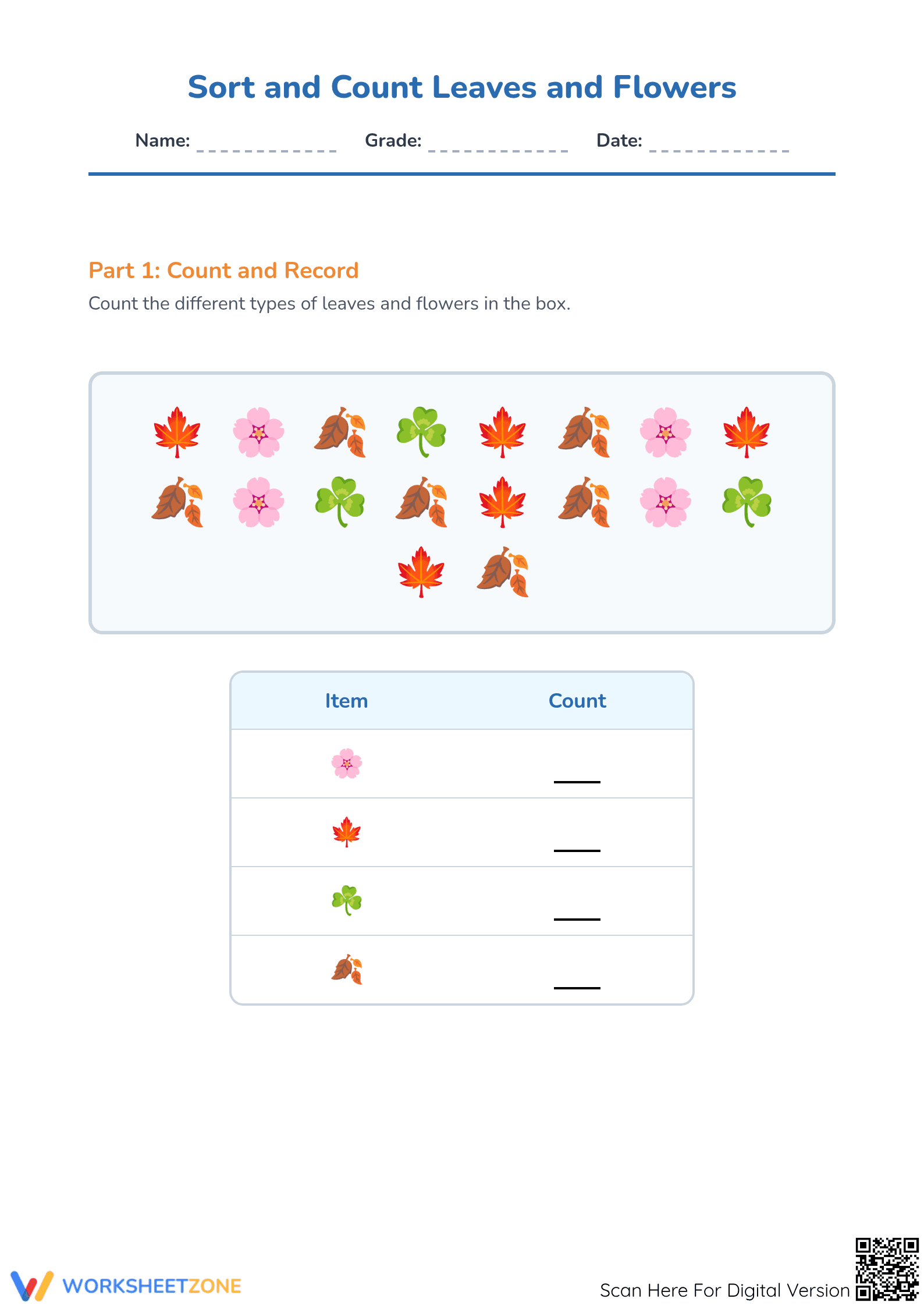 Printable Sort & Count Worksheet: Leaves & Flowers (Grade 1) - Page 1