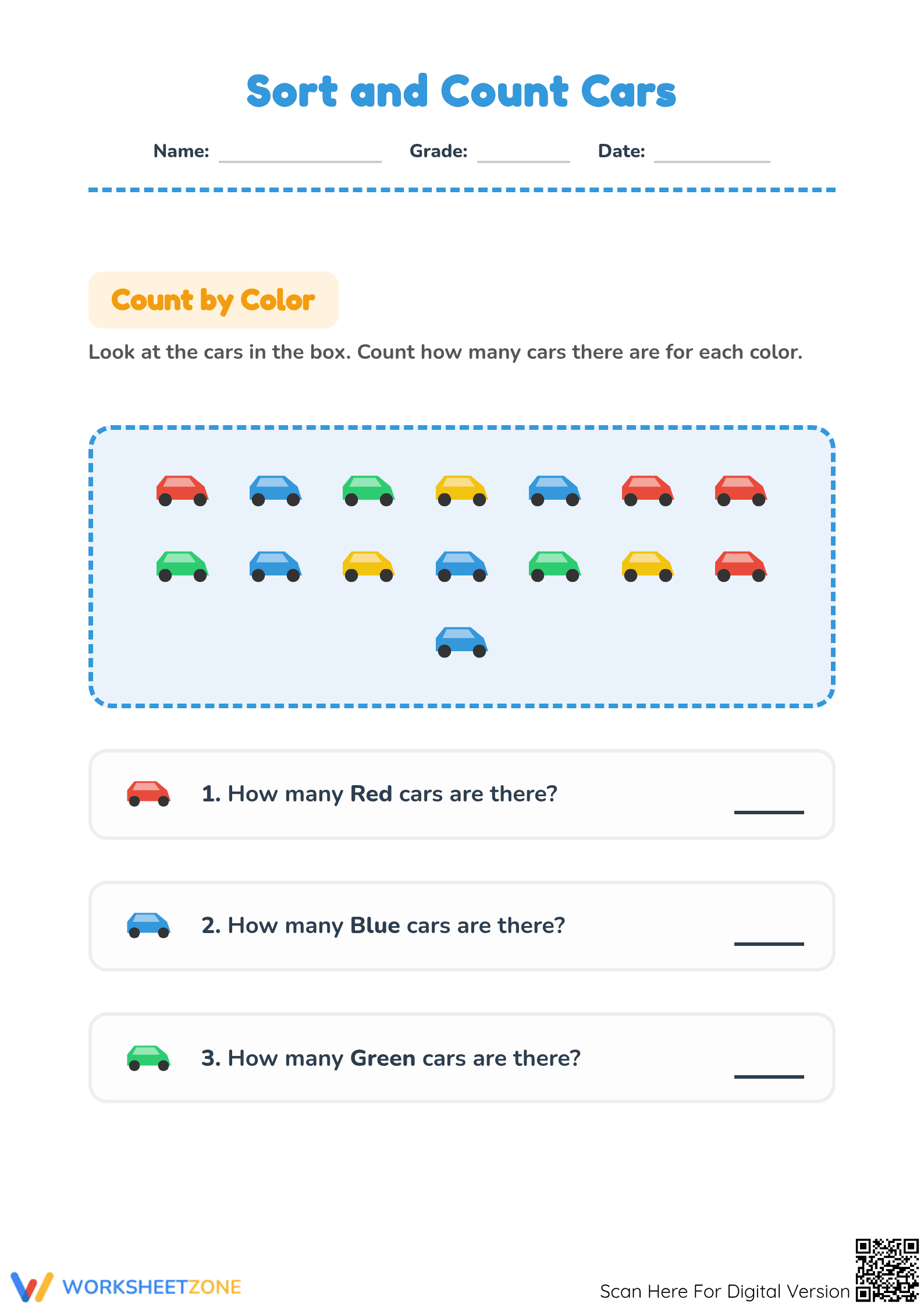 Printable Grade 1 Sort and Count Cars Math Worksheet - Page 1