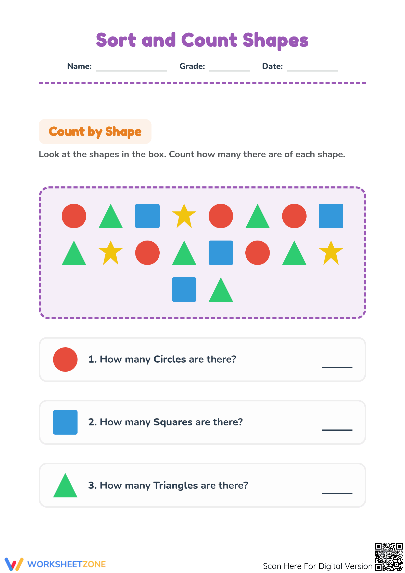 Essential Sort and Count Shapes Worksheet — Grade 1 Math - Page 1