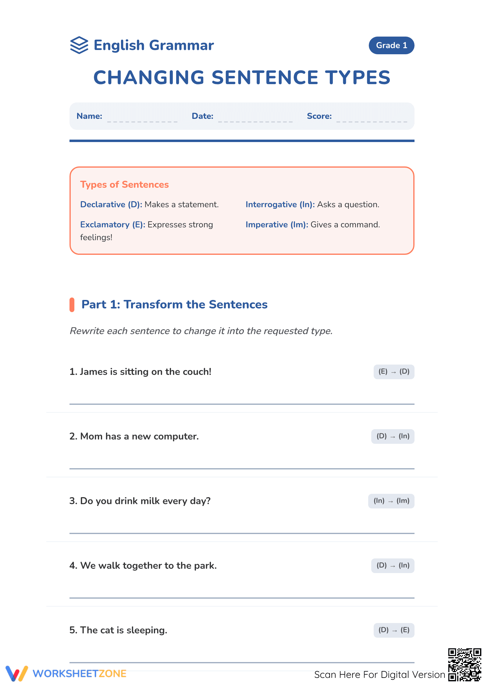 Printable Sentence Types Worksheet | Grade 1 ELA - Page 1