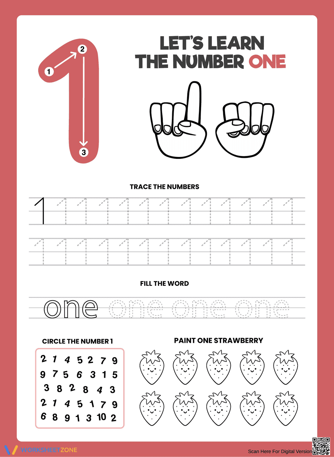 Number 1 Worksheet for Preschool - Trace, Circle & Paint Activities - Page 1
